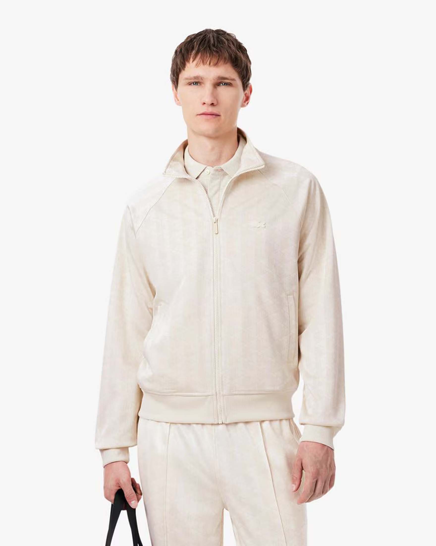 Felpa full zip Lacoste panna in tessuto jacquard con monogramma all over