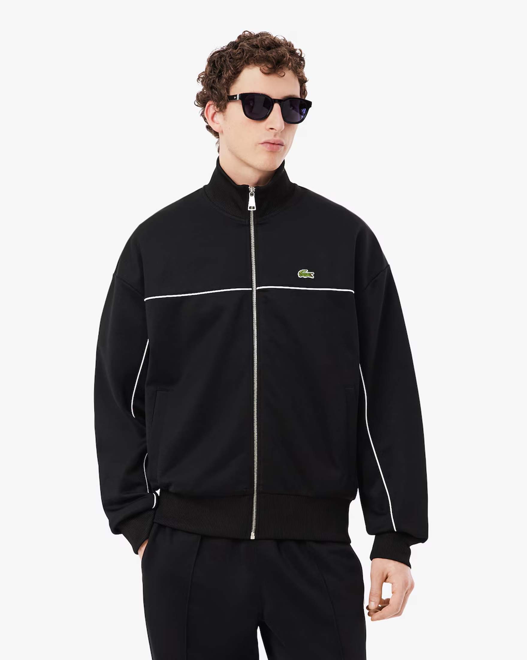 Felpa full zip Lacoste nera in piqué interlock di cotone