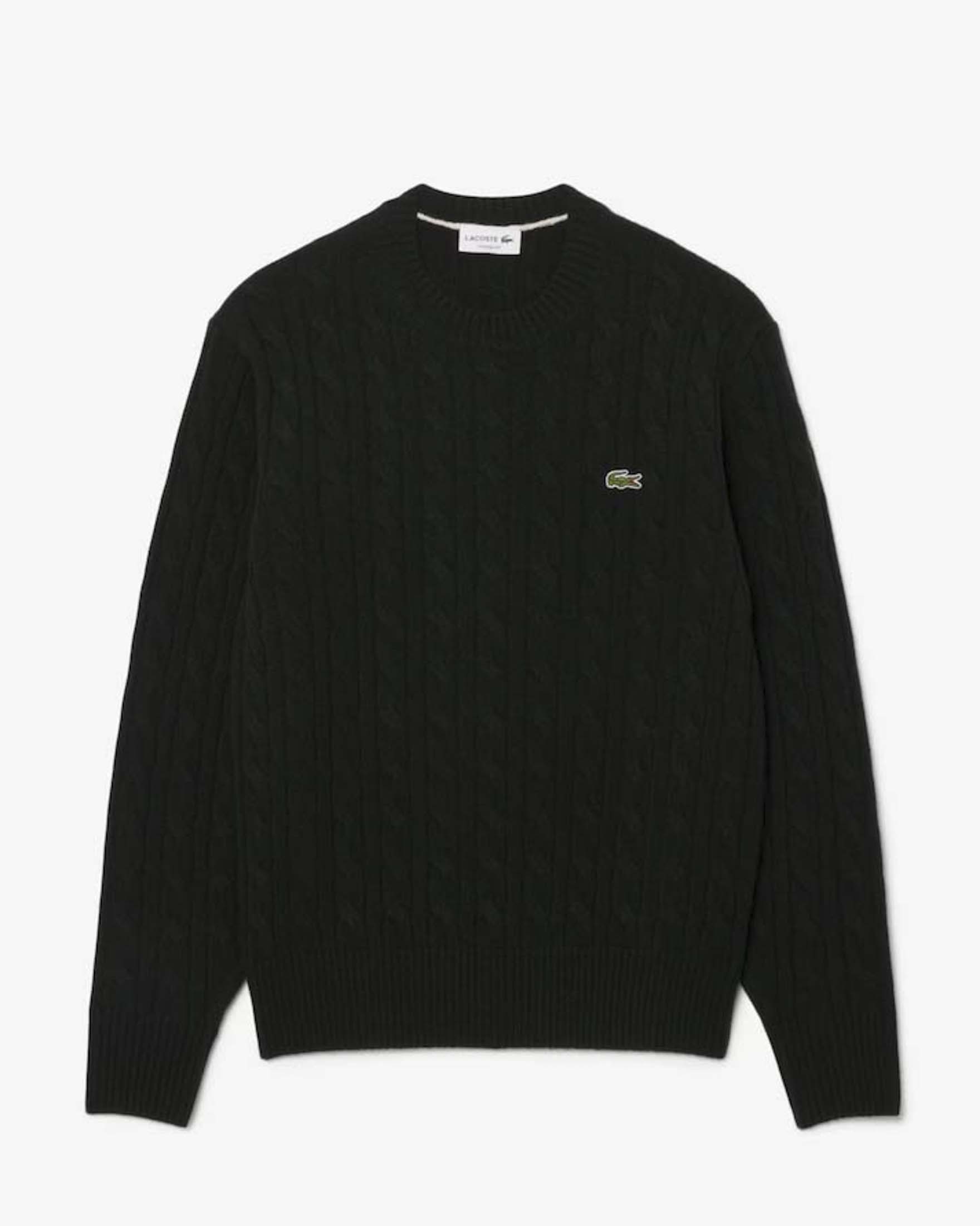 Maglione girocollo Lacoste verde scuro in pura lana cardata a trecce
