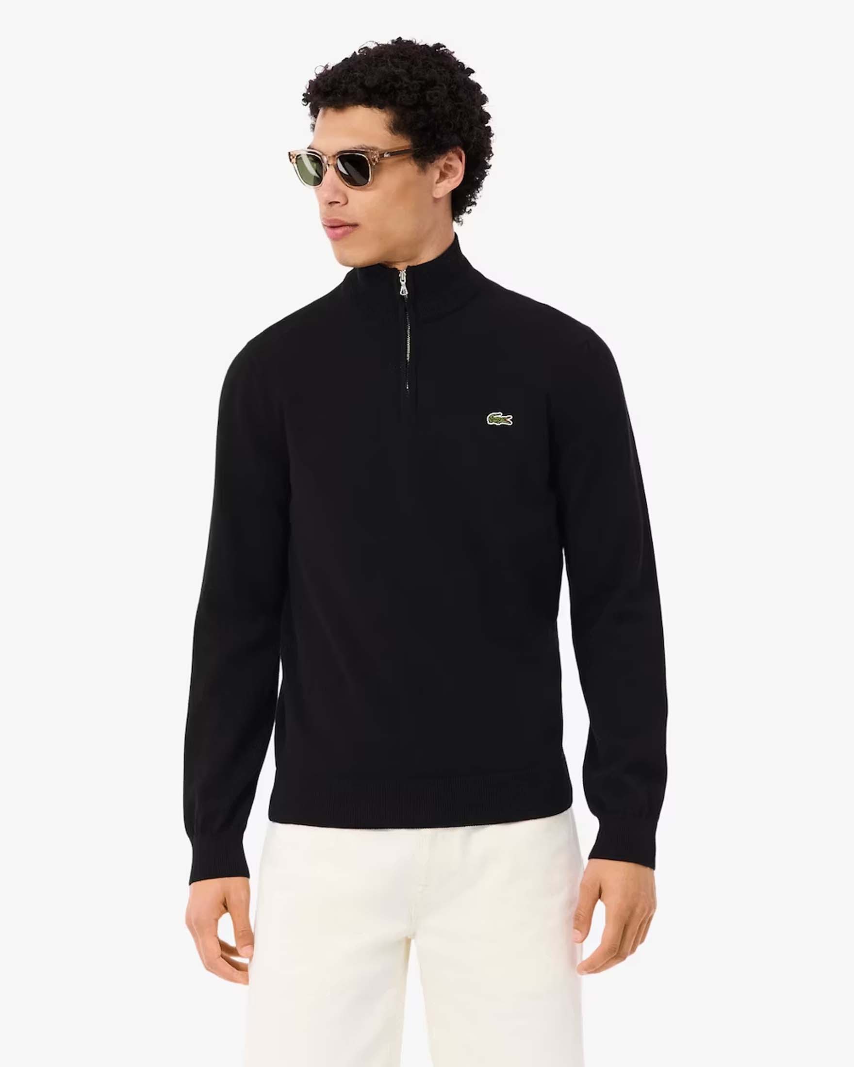 Maglione con mezza zip Lacoste nero in jersey di cotone biologico
