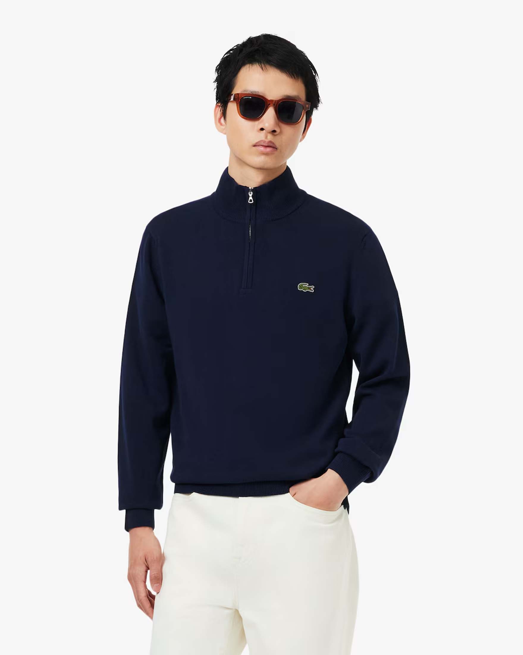 Maglione con mezza zip Lacoste blu in jersey di cotone biologico