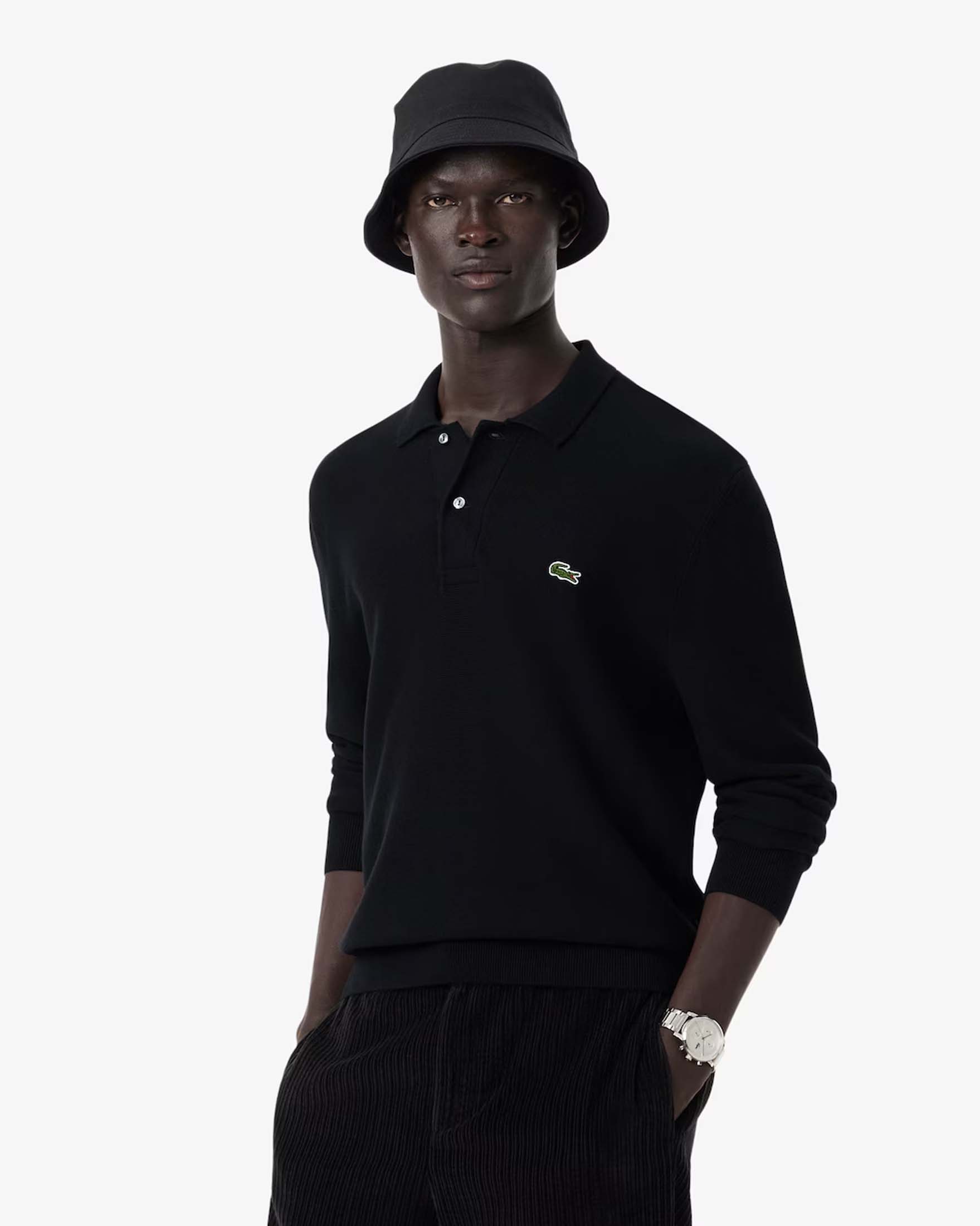 Polo a maniche lunghe Lacoste nera in maglia di cotone biologico