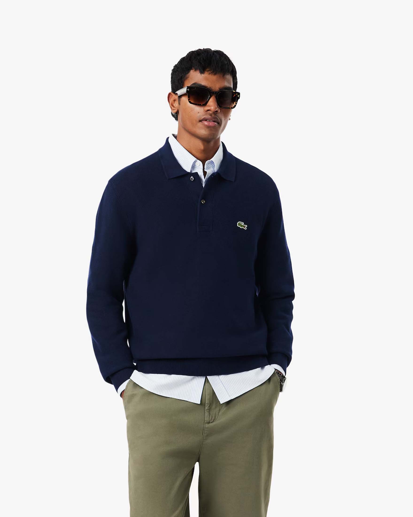 Polo a maniche lunghe Lacoste blu in maglia di cotone biologico