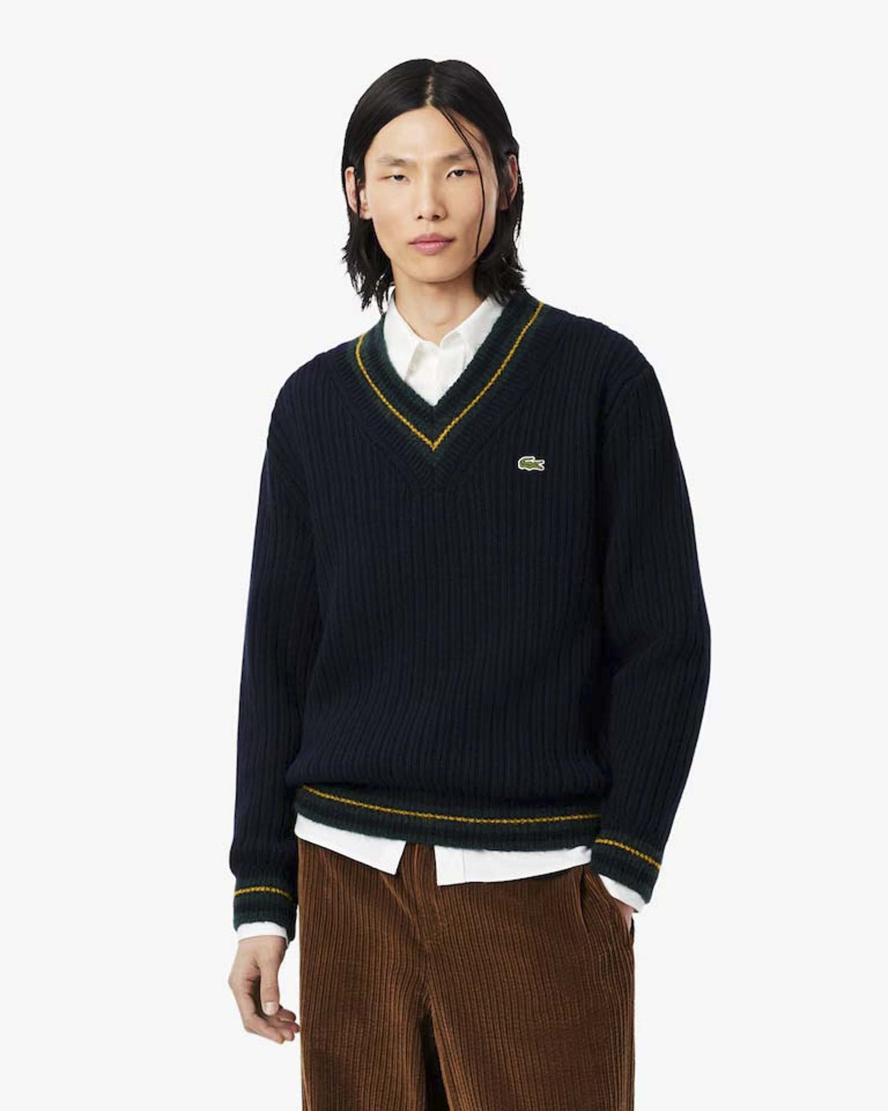 Maglione a coste scollo a V Lacoste blu navy in pura lana con dettagli a contrasto