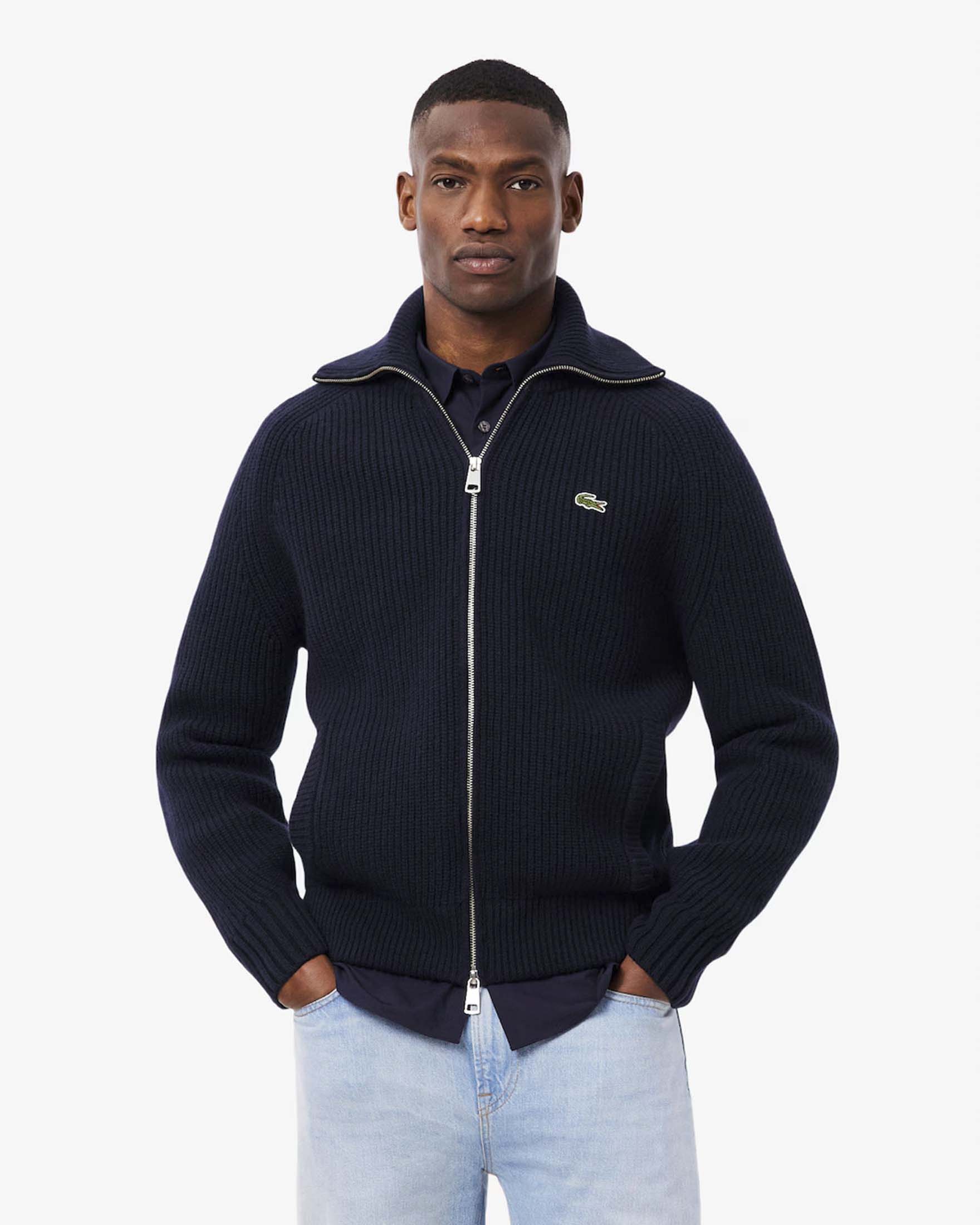 Maglione full zip Lacoste blu navy in lana cardata a coste