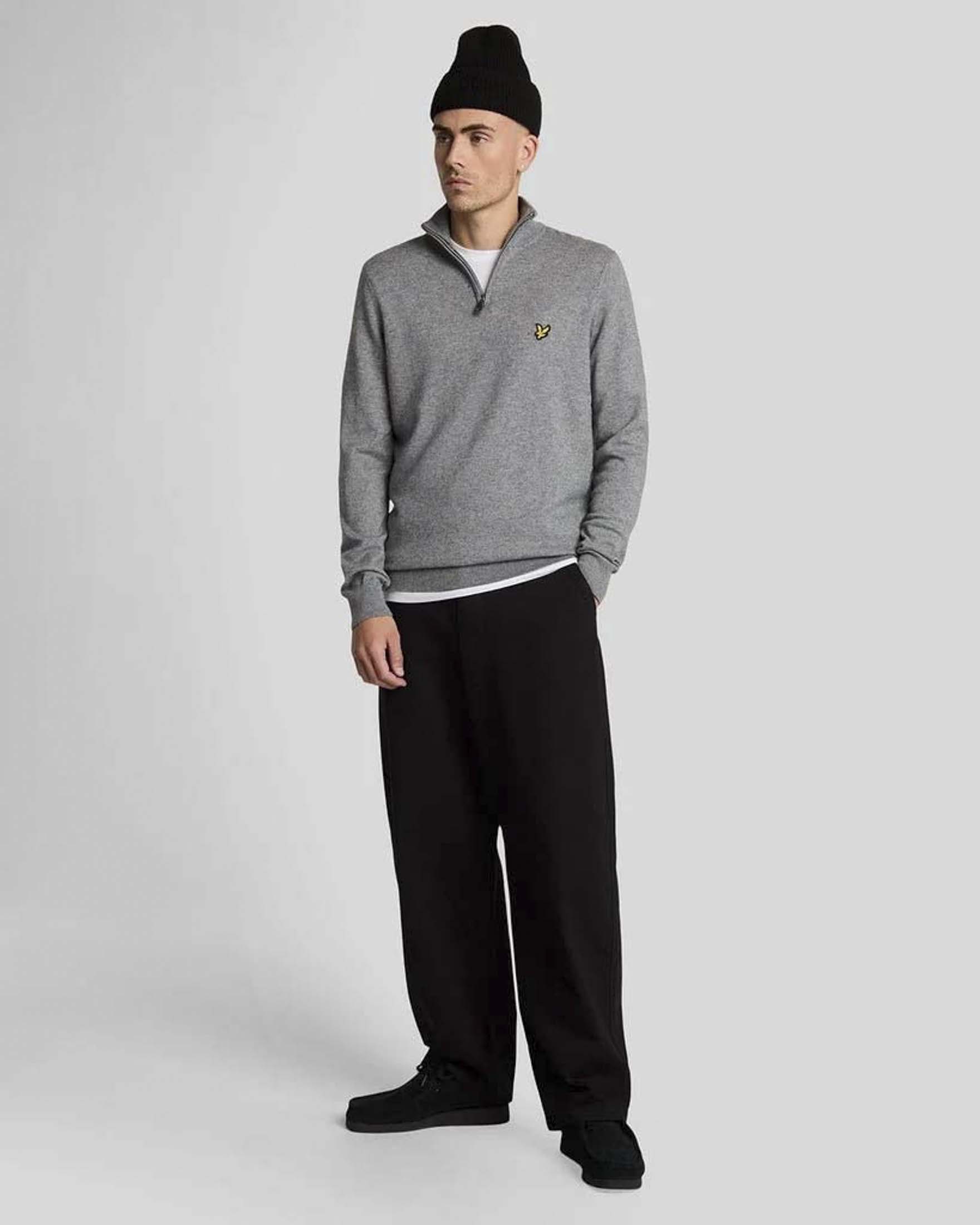 Maglione con mezza zip Lyle & Scott grigio mélange in misto cotone e lana merino