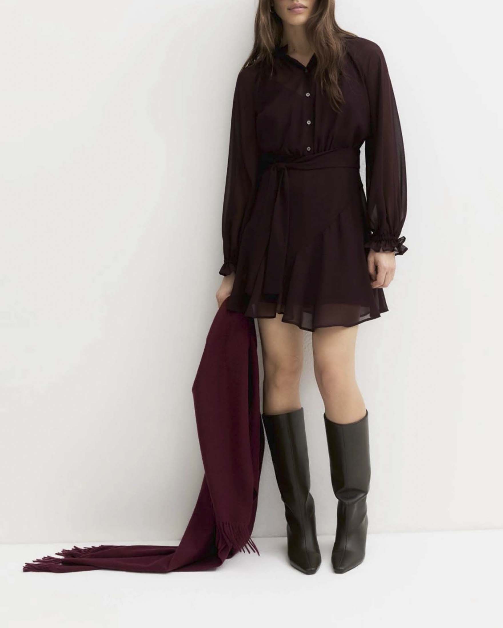 Abito corto Emme Marella bordeaux in georgette crêpe con cintura e maniche raglan a sbuffo