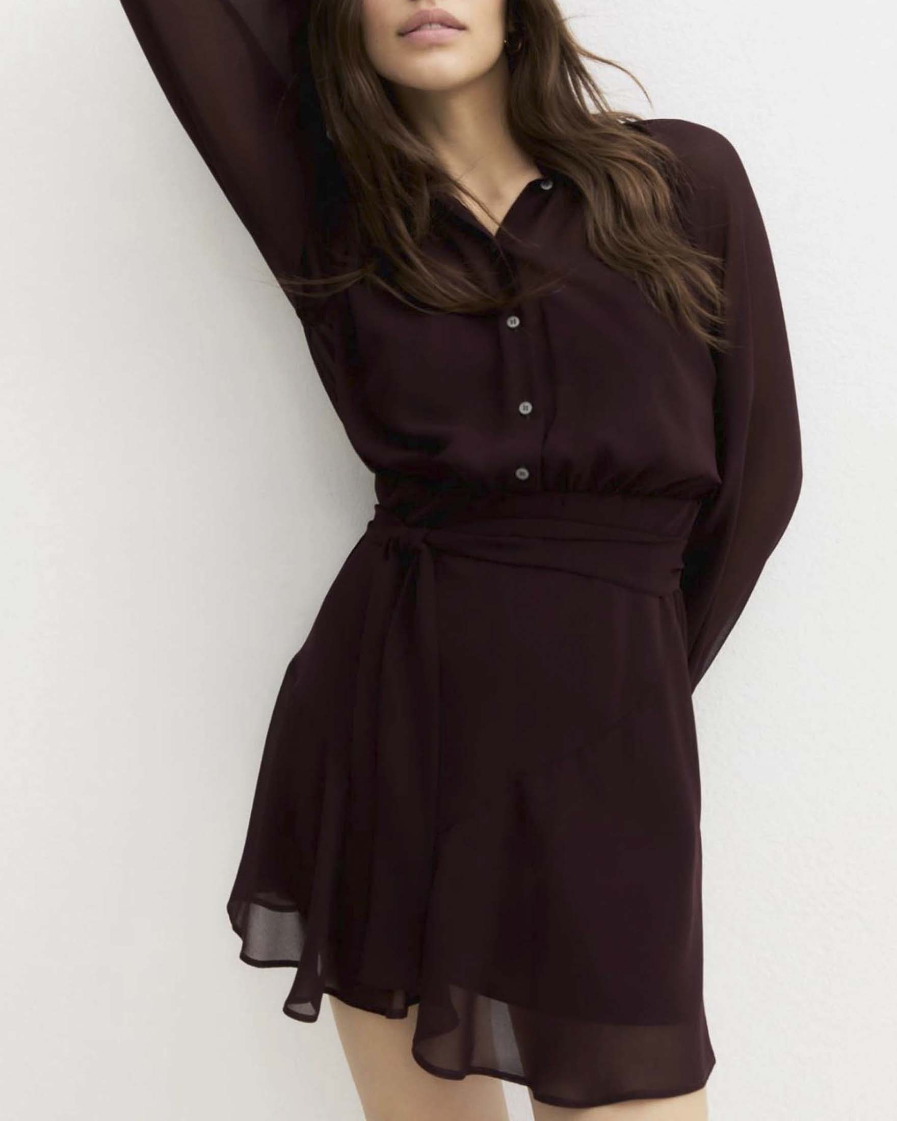 Abito corto Emme Marella bordeaux in georgette crêpe con cintura e maniche raglan a sbuffo image