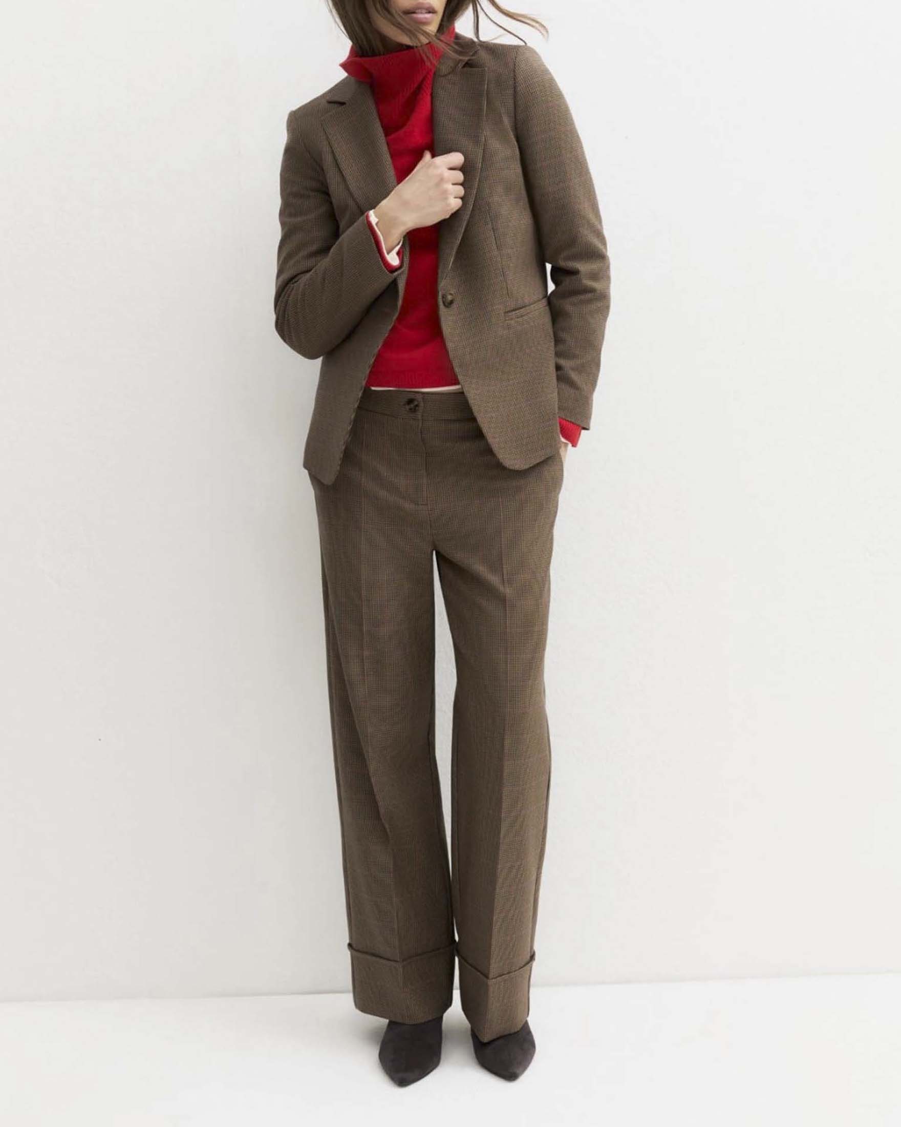 Pantaloni dritti Emme Marella cammello in gabardina di viscosa stretch con risvolto e piega stirata