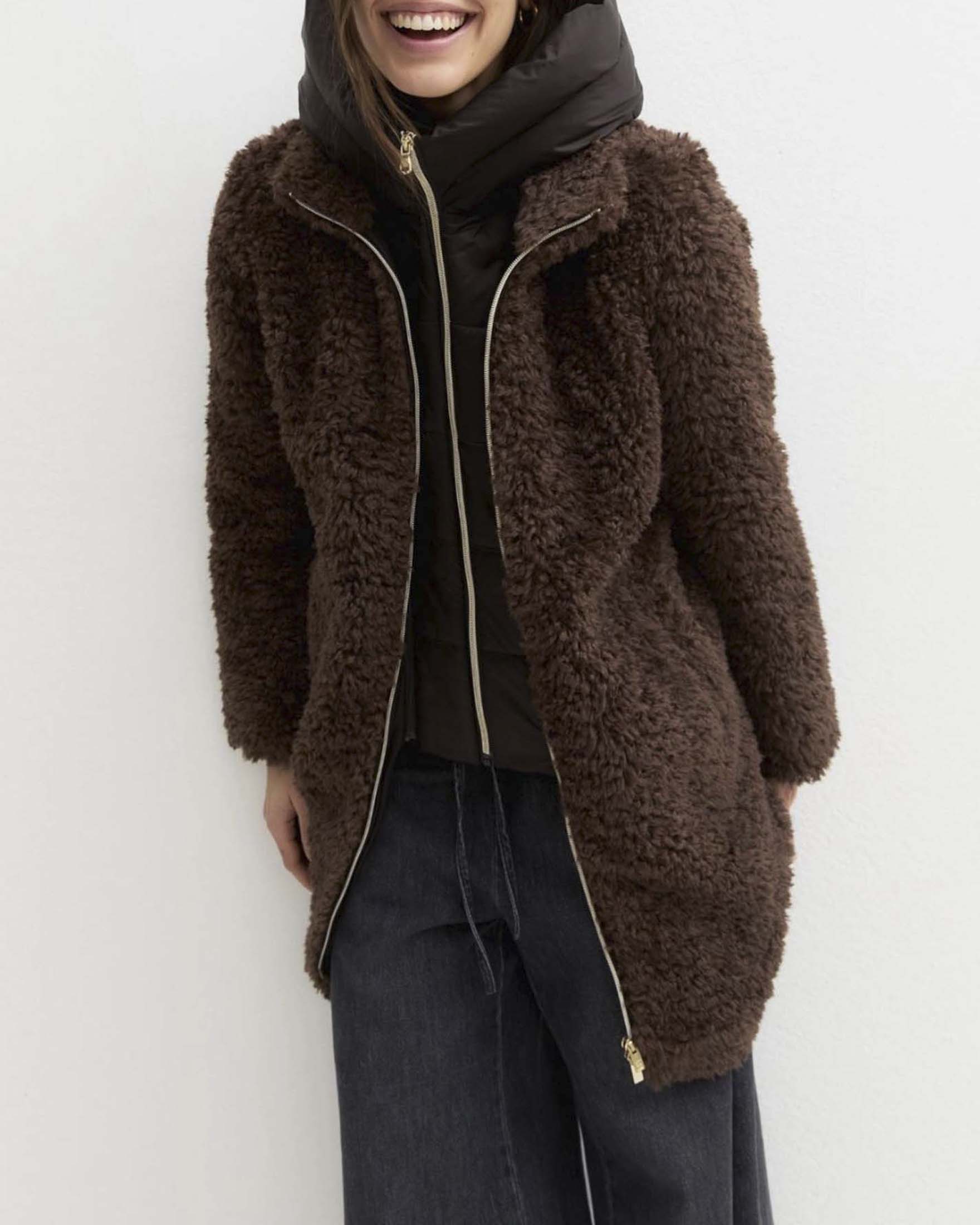 Cappotto Emme Marella marrone in ecopelliccia imbottito con cappuccio image