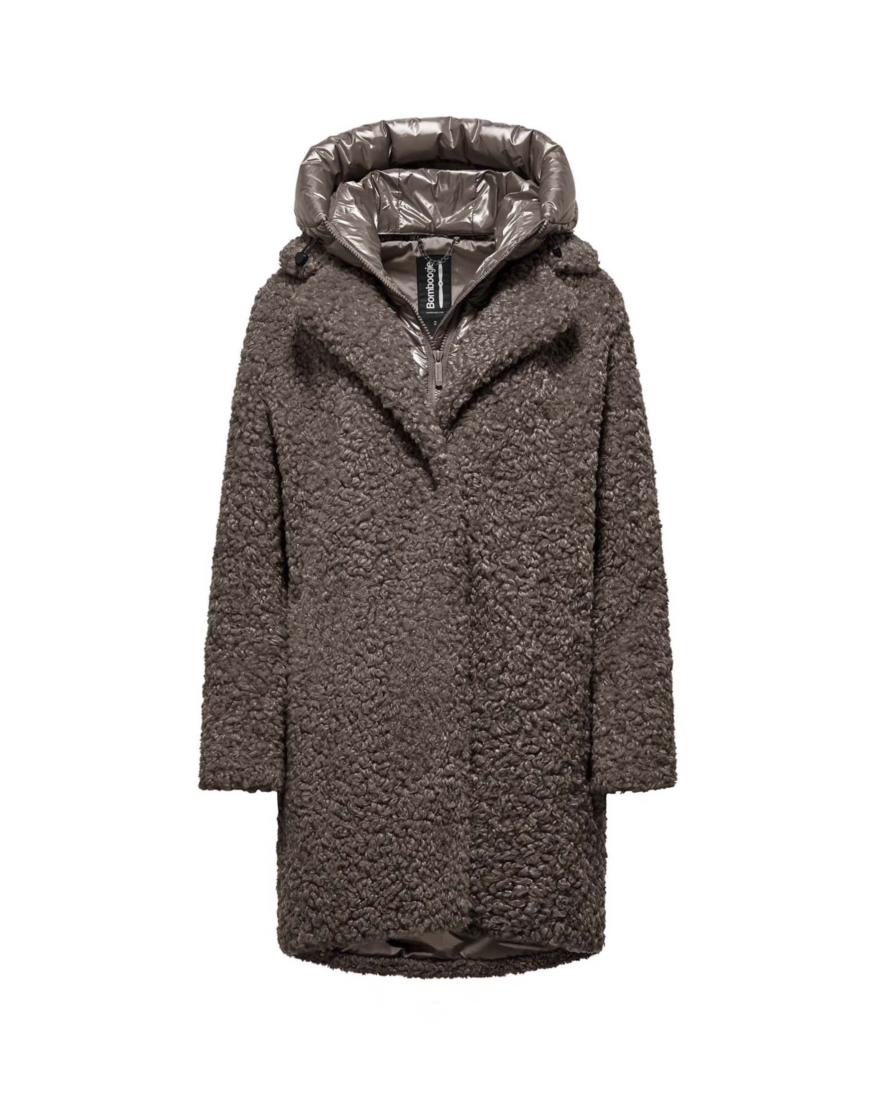 Cappotto lungo Odessa Bomboogie marrone bimaterico in ecopelliccia effetto agnello e piumino