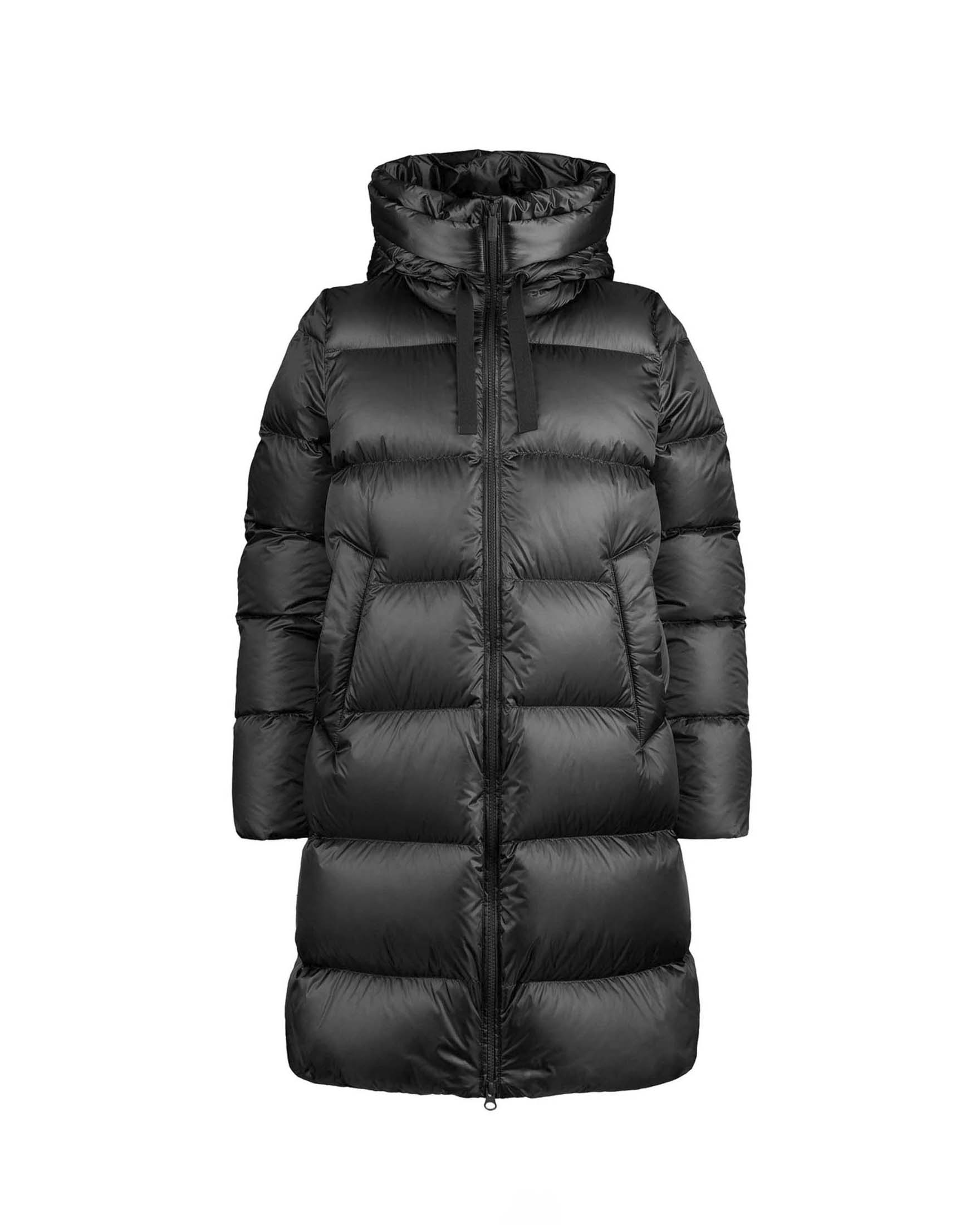 Piumino lungo svasato Geneva Bomboogie nero in nylon lucido con cappuccio fisso e coulisse