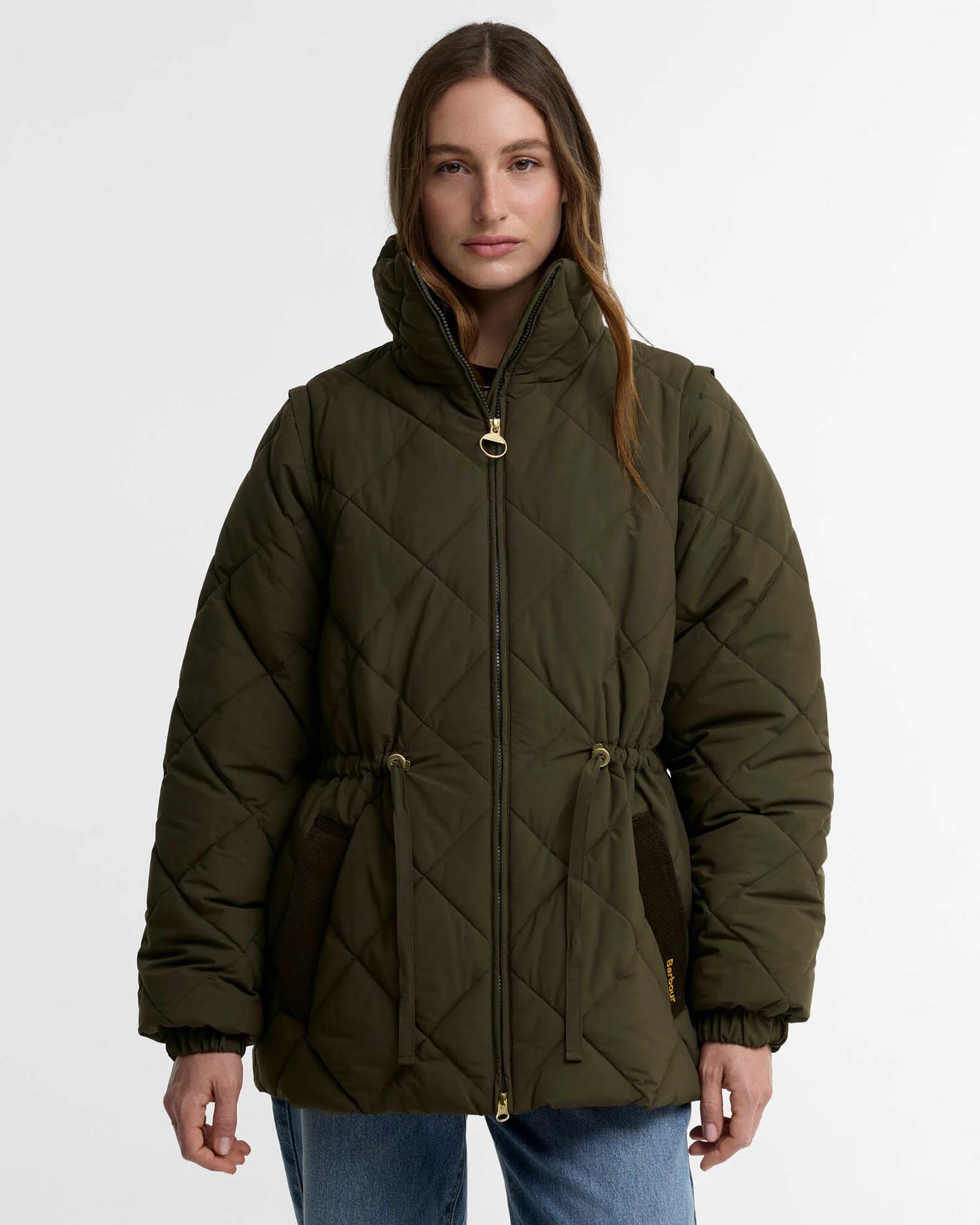 Piumino corto Tanfield Barbour verde oliva trapuntato a rombi con coulisse in vita e collo in piedi