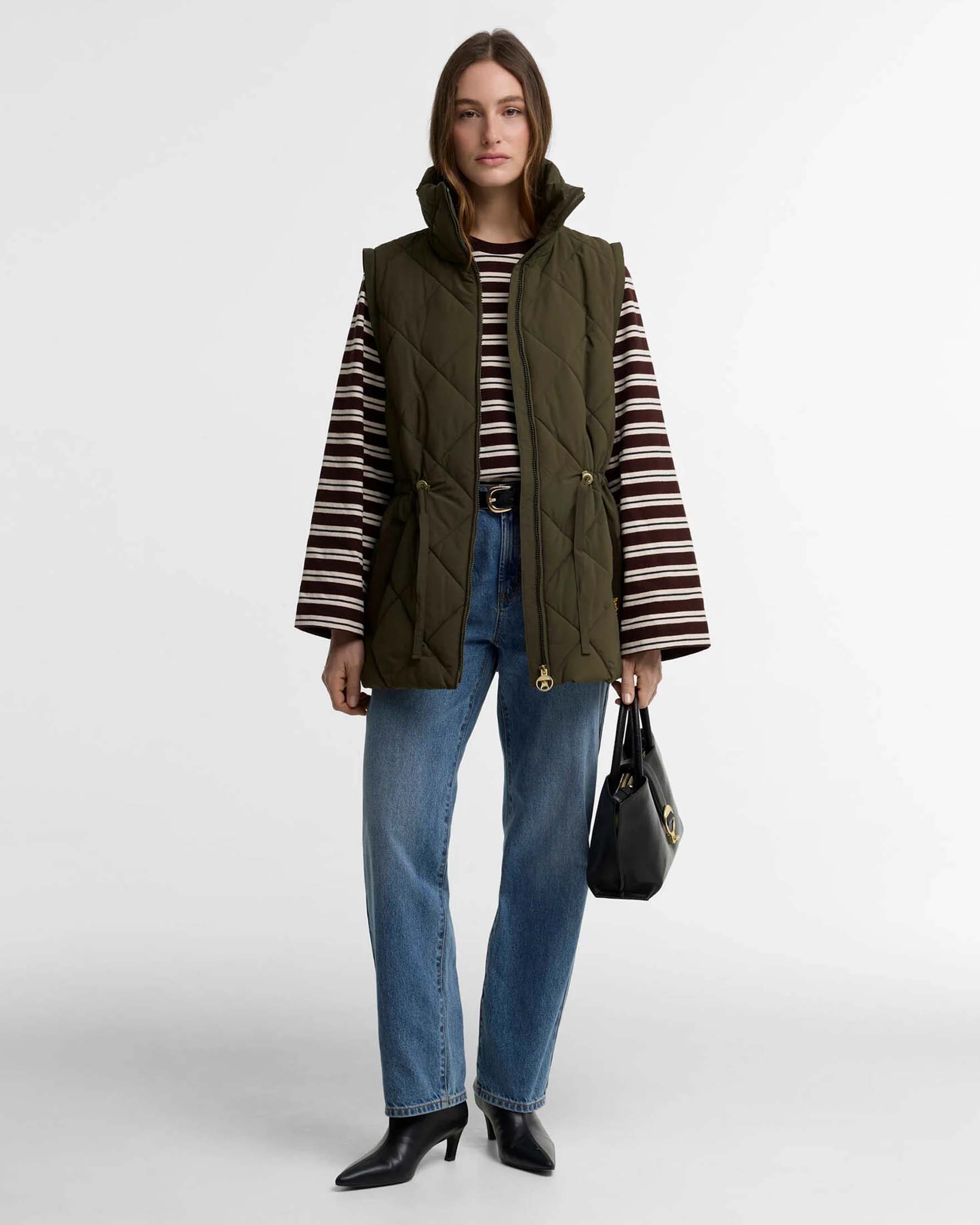 Piumino corto Tanfield Barbour verde oliva trapuntato a rombi con coulisse in vita e collo in piedi image