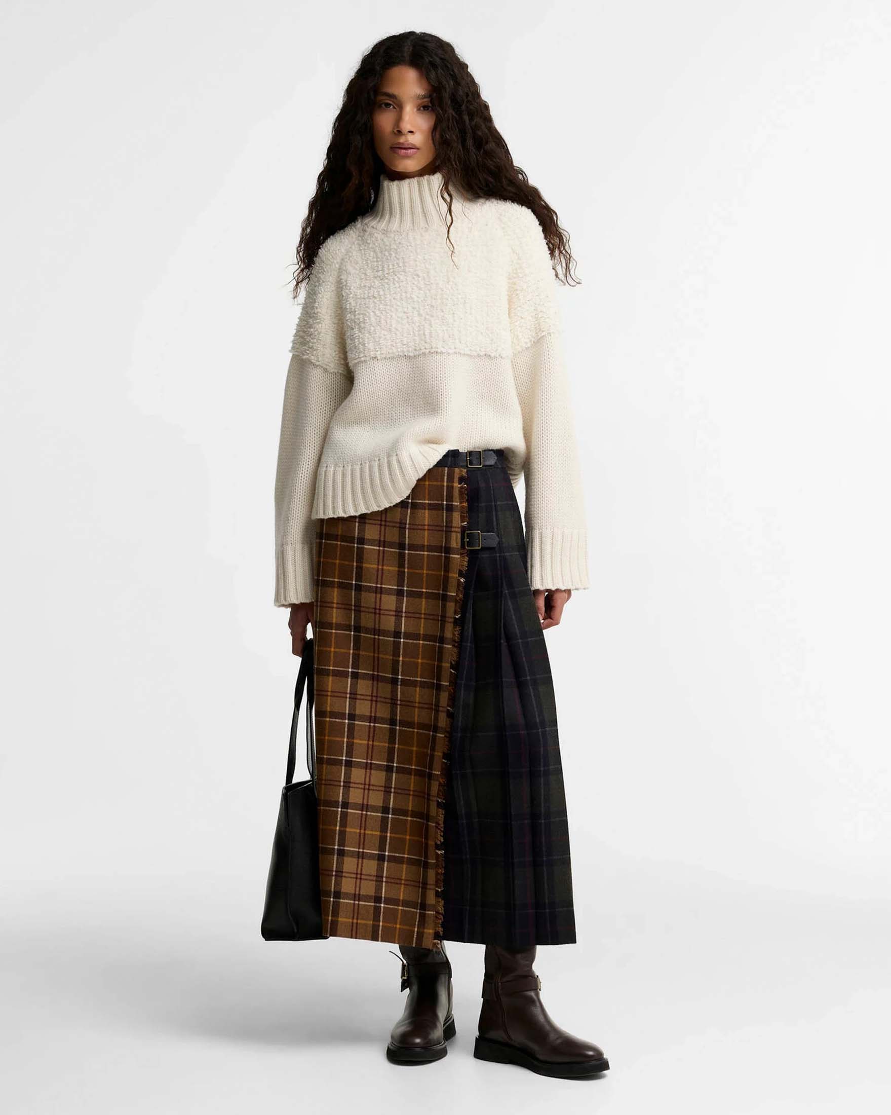 Gonna midi Hazelwood Barbour multicolor in misto lana tartan con cinturini in pelle e bordo sfrangiato