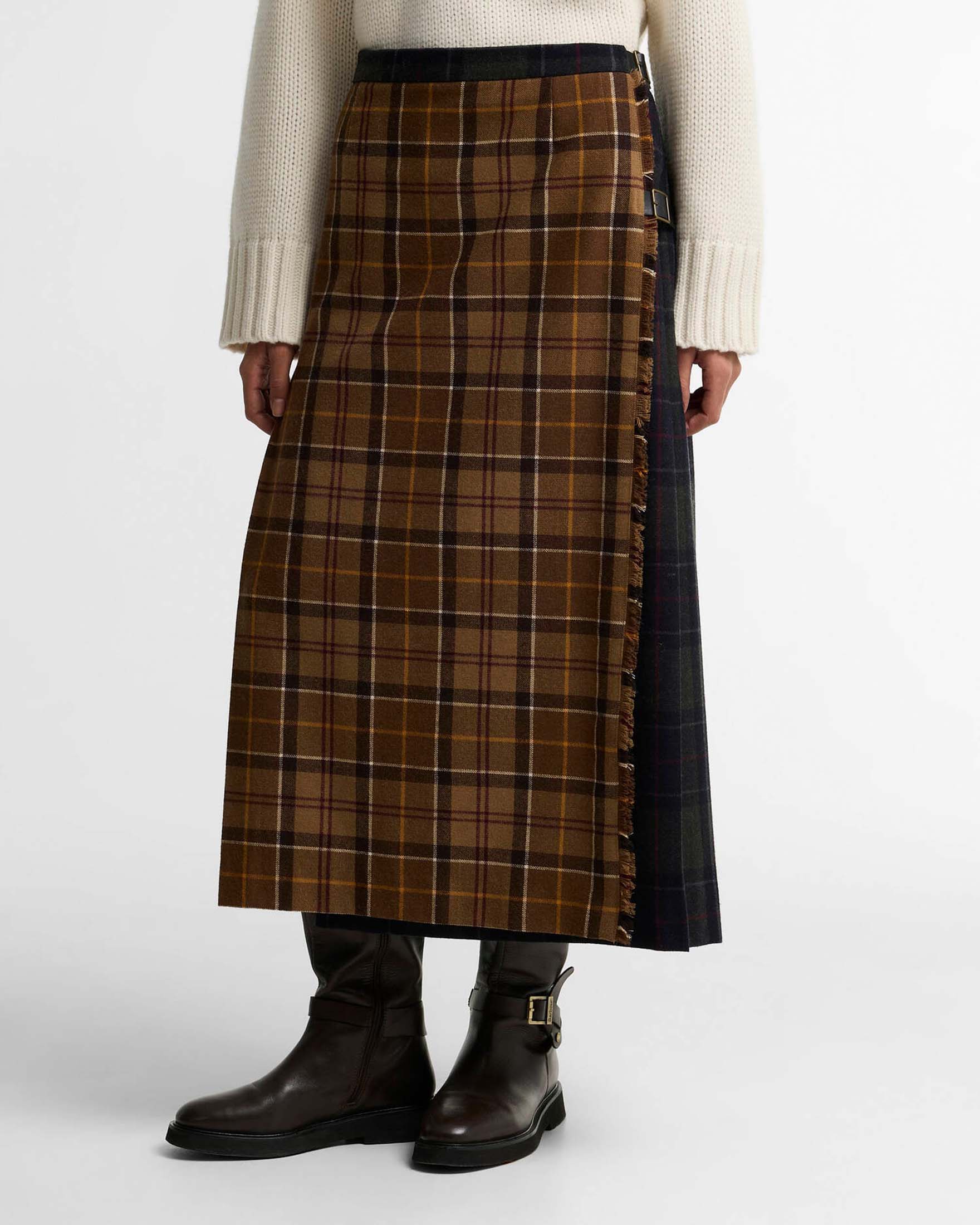 Gonna midi Hazelwood Barbour multicolor in misto lana tartan con cinturini in pelle e bordo sfrangiato image