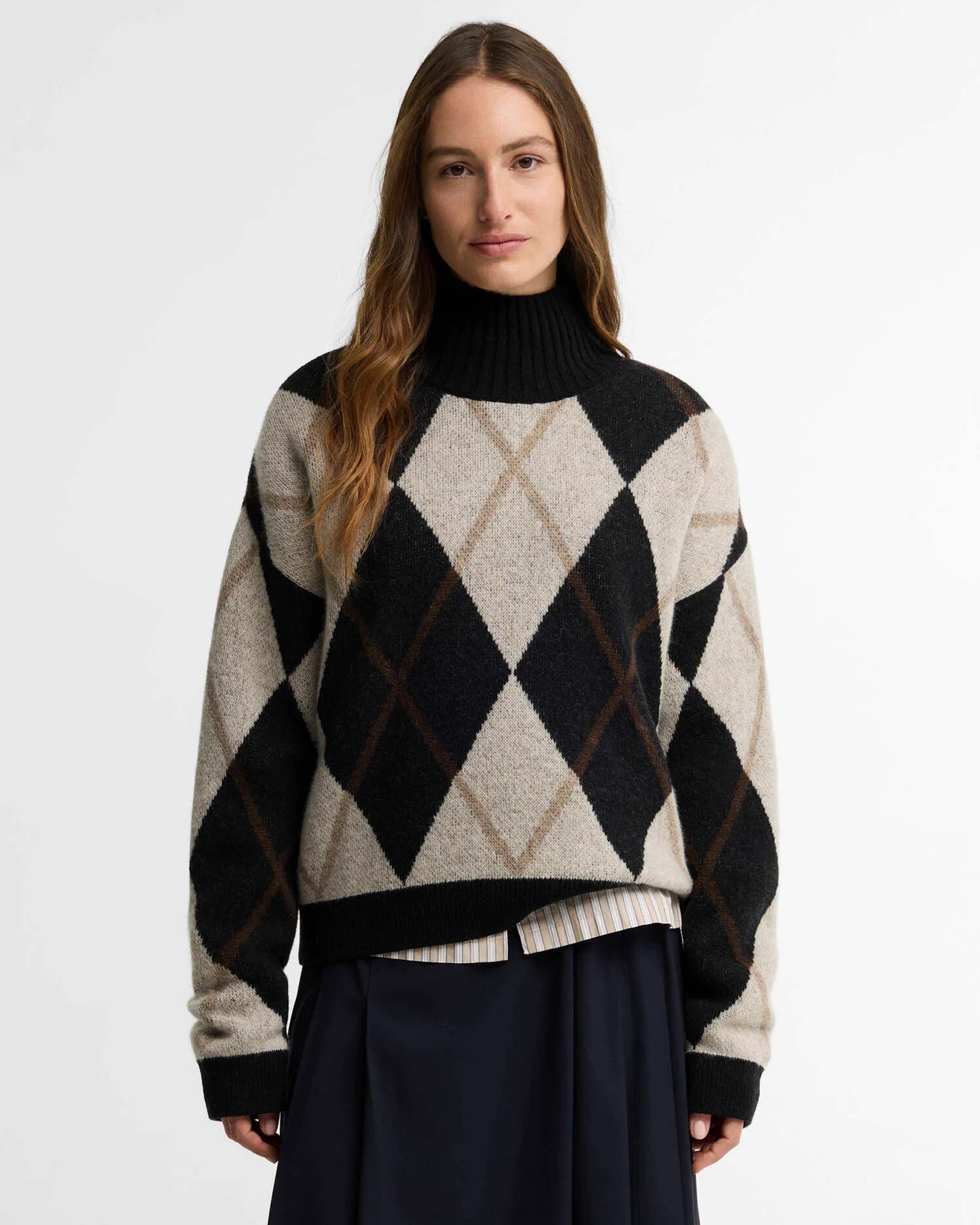 Maglione lupetto Marlow Barbour nero in misto lana con motivo Argyle color écru e bordi a coste