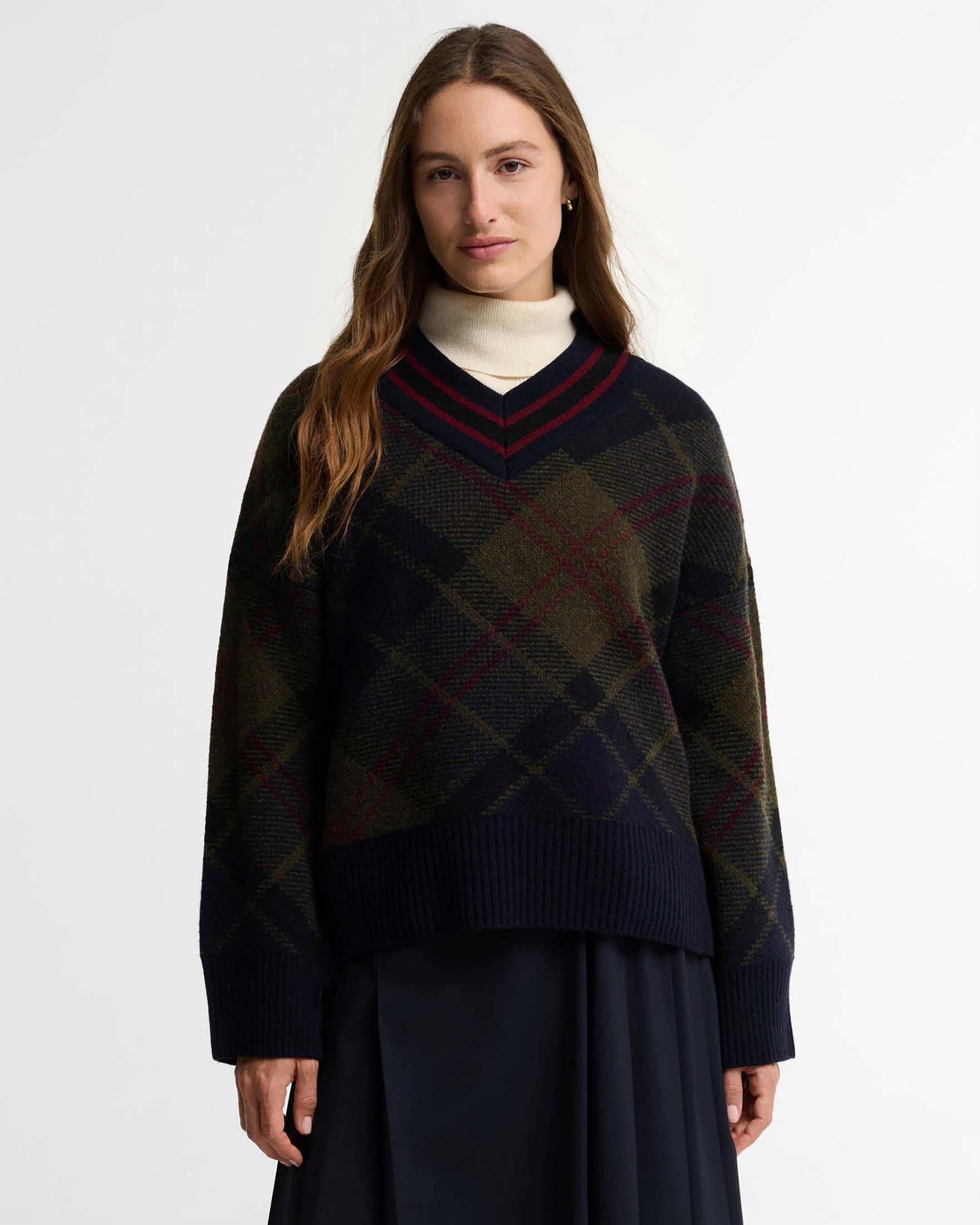 Maglione Shae Barbour in misto lana tartan con scollo a V e bordi a costine