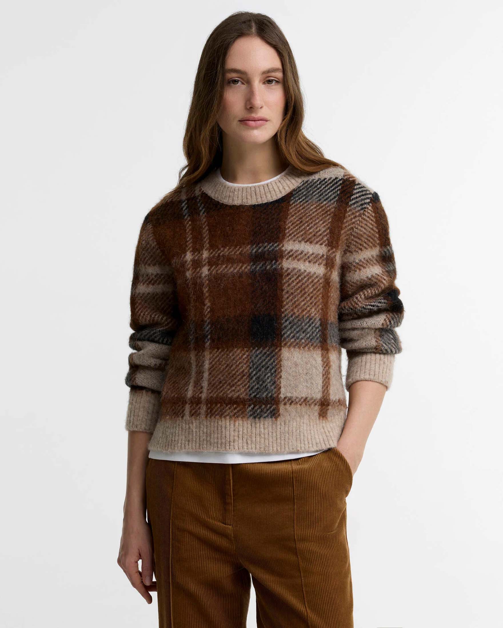Maglione girocollo Glendyn Barbour marrone e beige in misto alpaca tartan jacquard