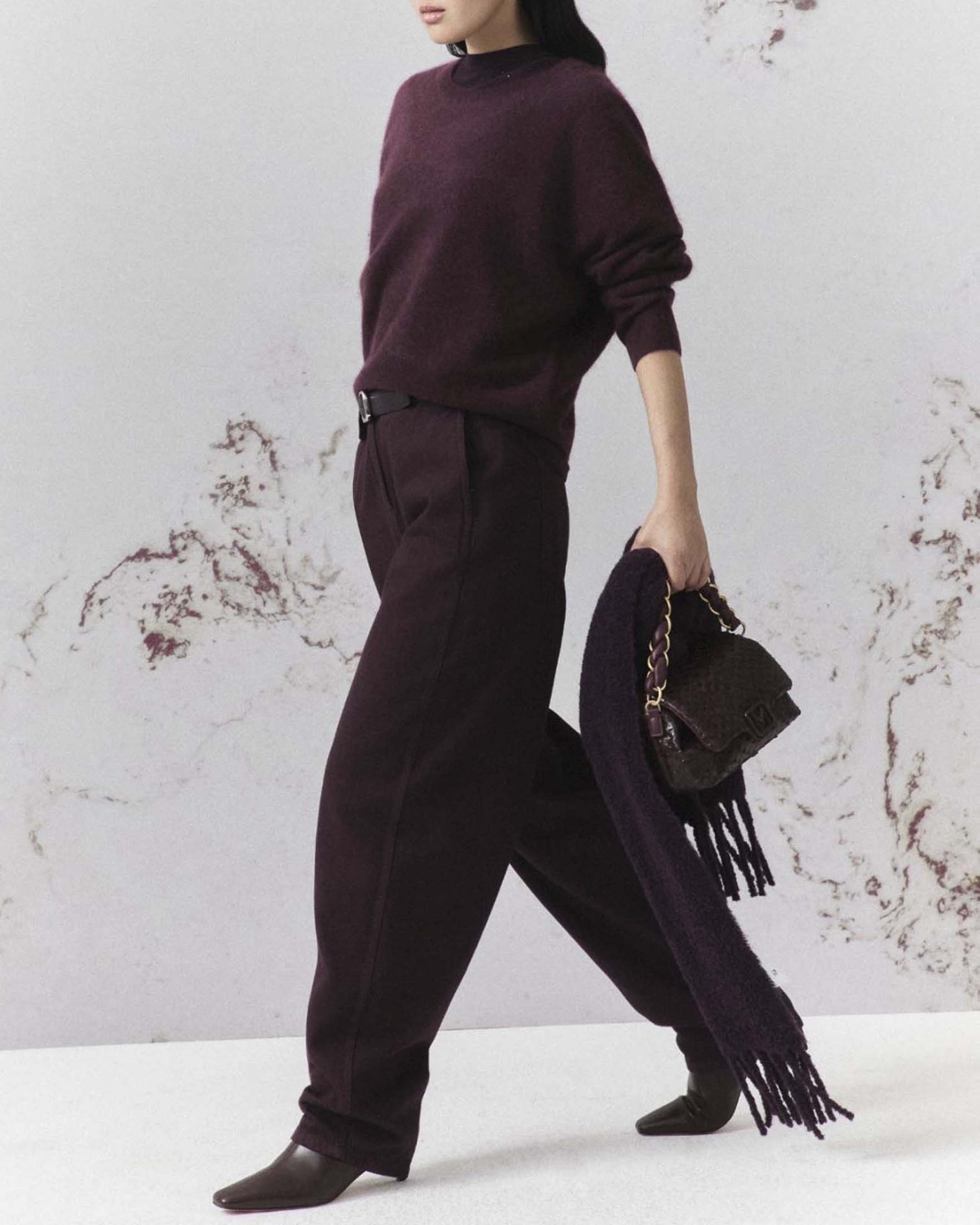 Pantalone barrel Marella Monochrome viola in drill di cotone tinto capo con alamaro sul retro