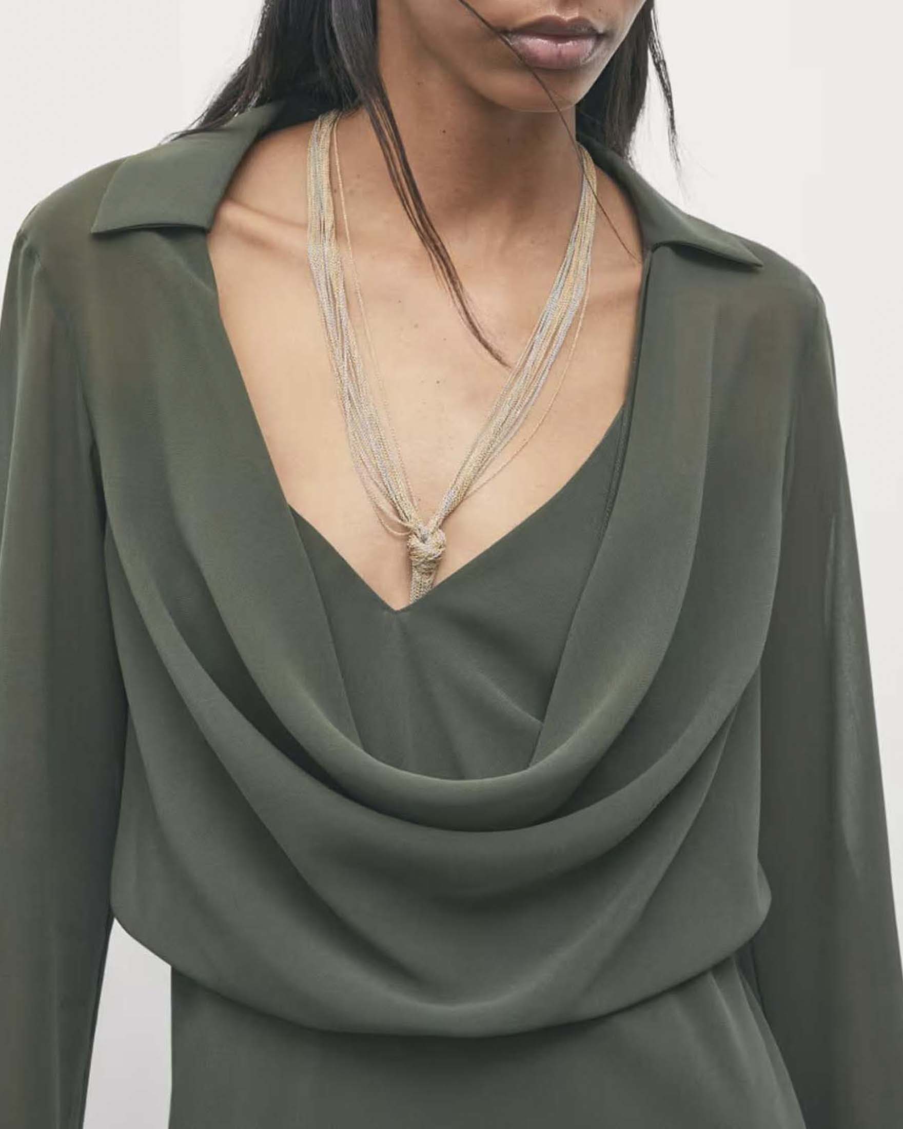 Casacca Patrizia Pepe verde militare in georgette crêpe con scollo drappeggiato e manica lunga image