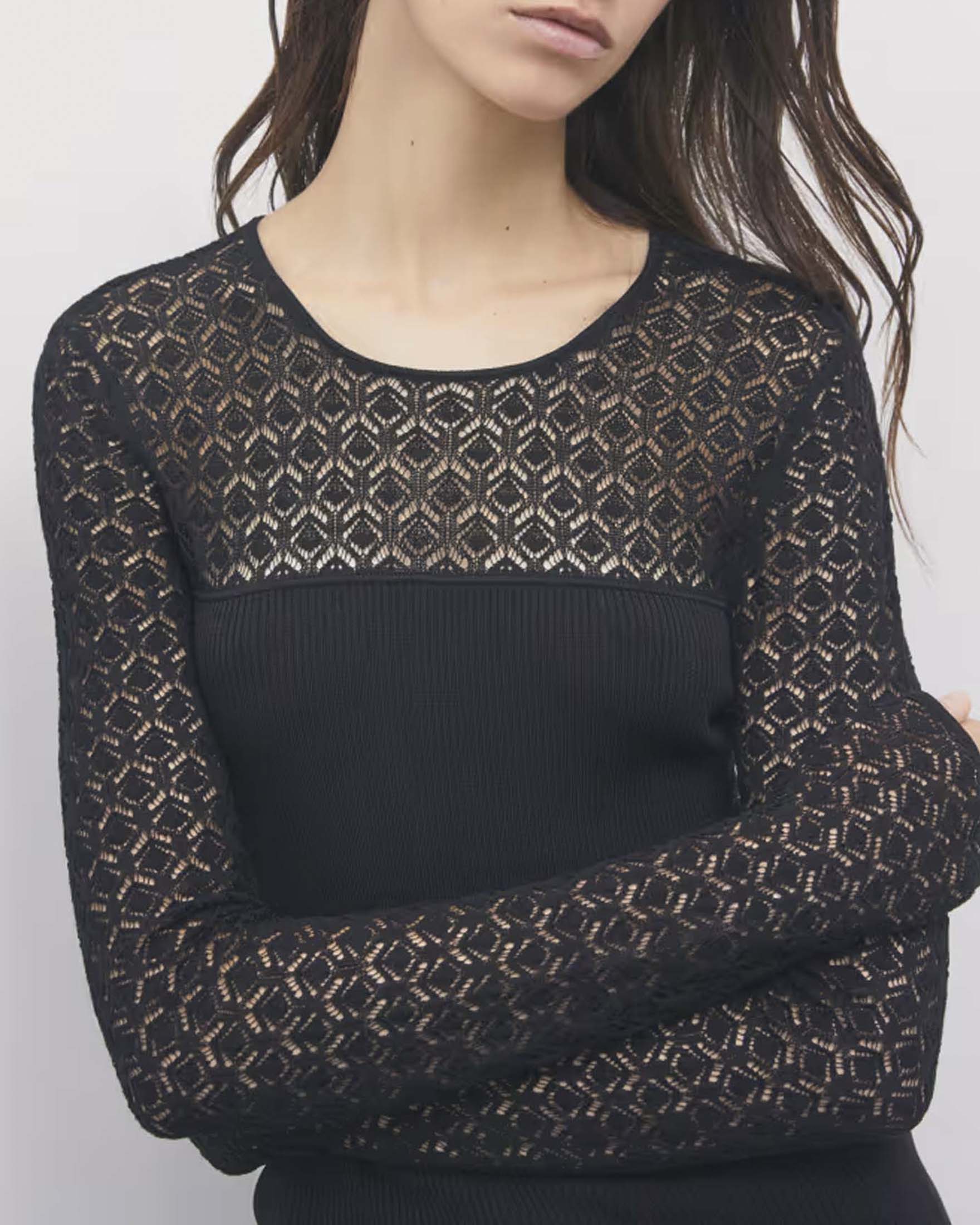 Maglia Patrizia Pepe nera in misto viscosa effetto pizzo traforato con dettaglio fly image