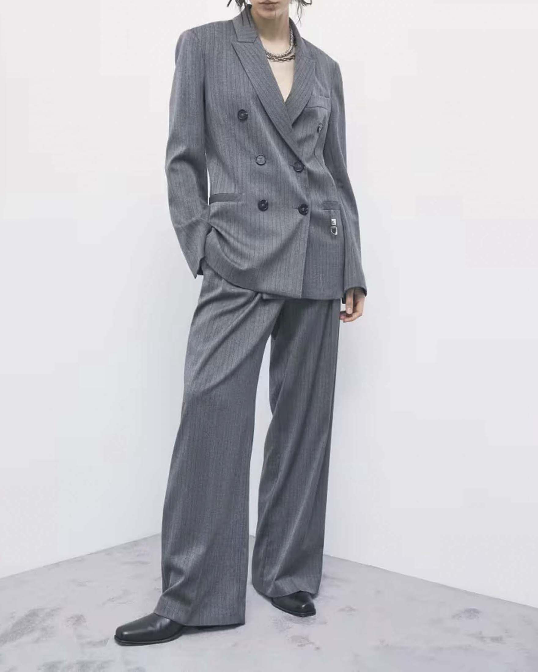 Pantalone palazzo Patrizia Pepe grigio in misto viscosa gessato con pince e passanti