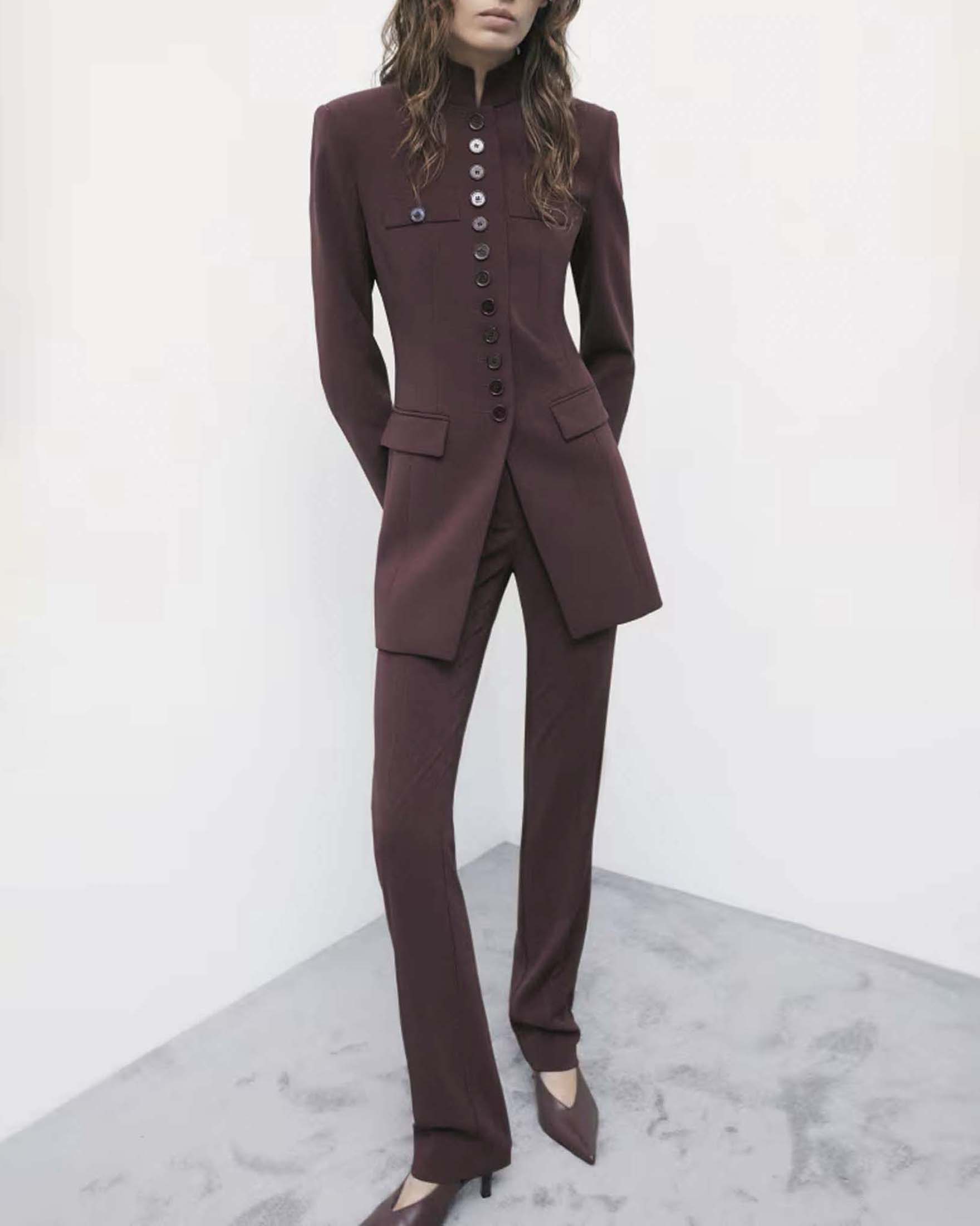 Pantalone skinny Patrizia Pepe bordeaux in crêpe stretch con pince e piega stirata fronte e retro