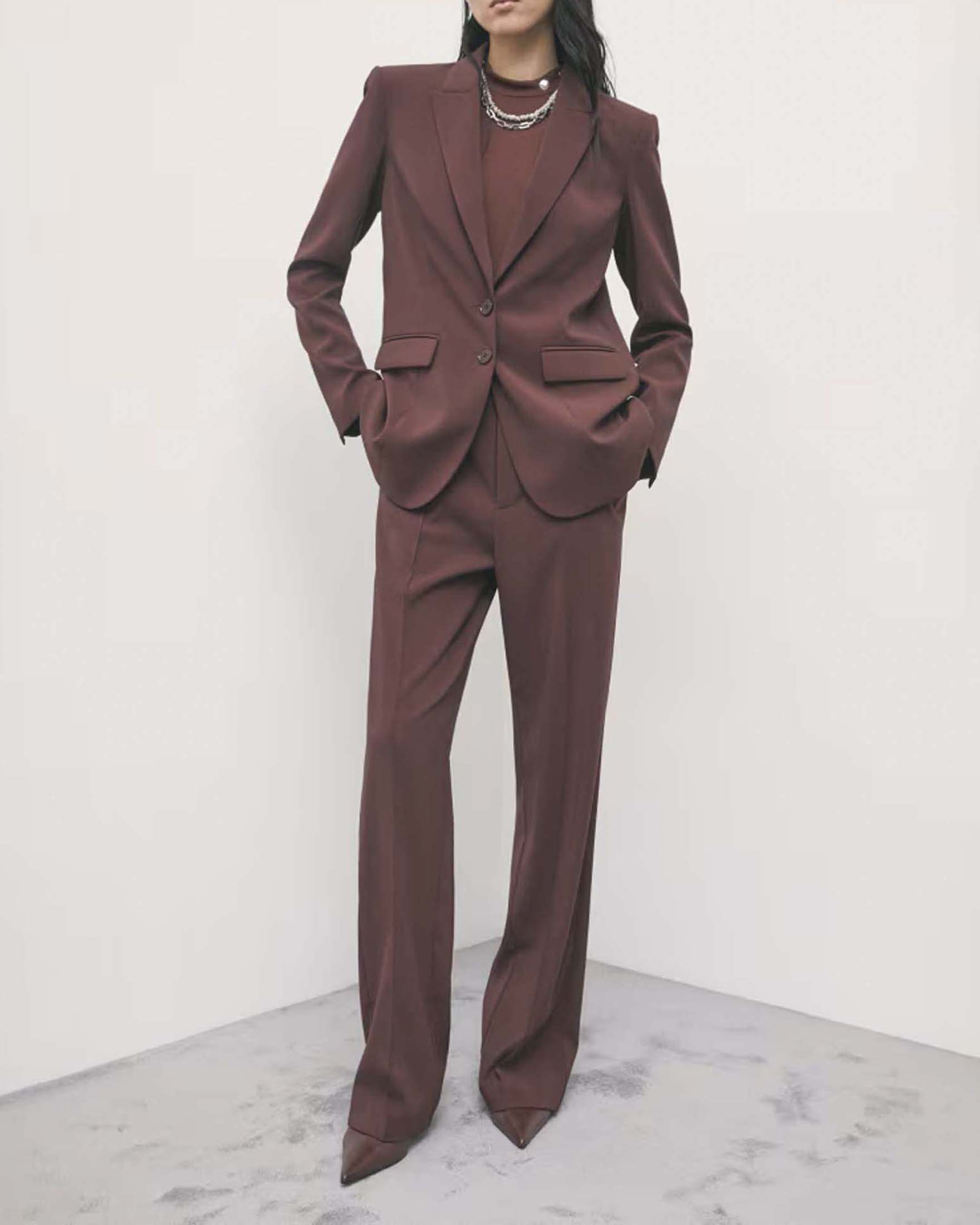Pantalone palazzo Patrizia Pepe bordeaux in crêpe stretch con pince e piega stirata fronte e retro