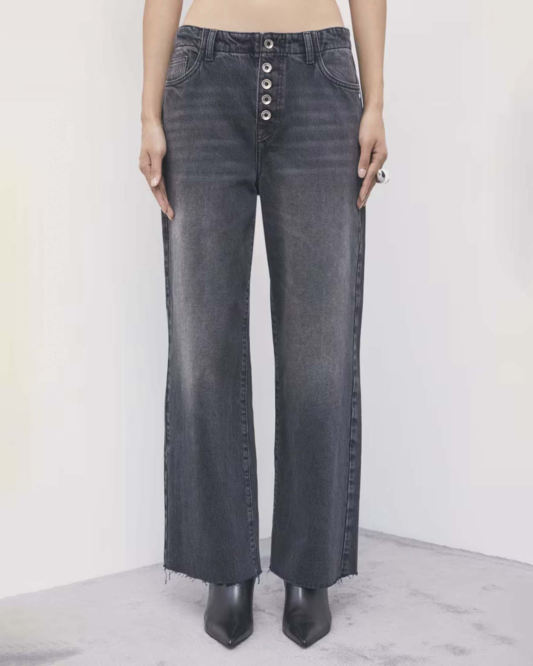 Pantalone slim Patrizia Pepe in denim black wash con salpa in pelle e rivetto Fly image