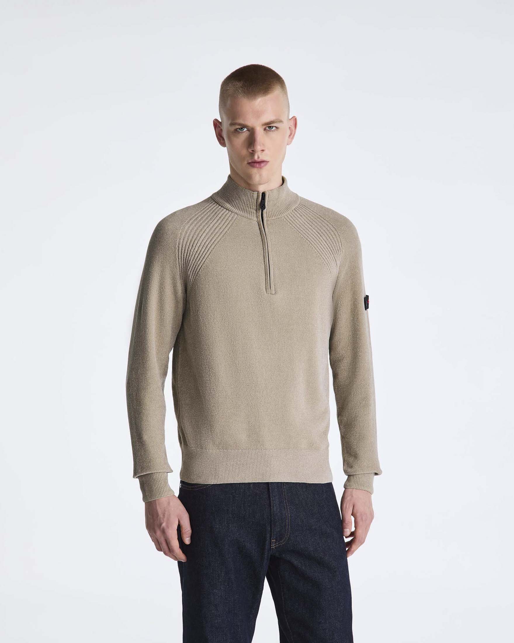Maglia Crivelli Peuterey beige in ciniglia con inserto a costine sulle spalle e apertura a mezza zip image