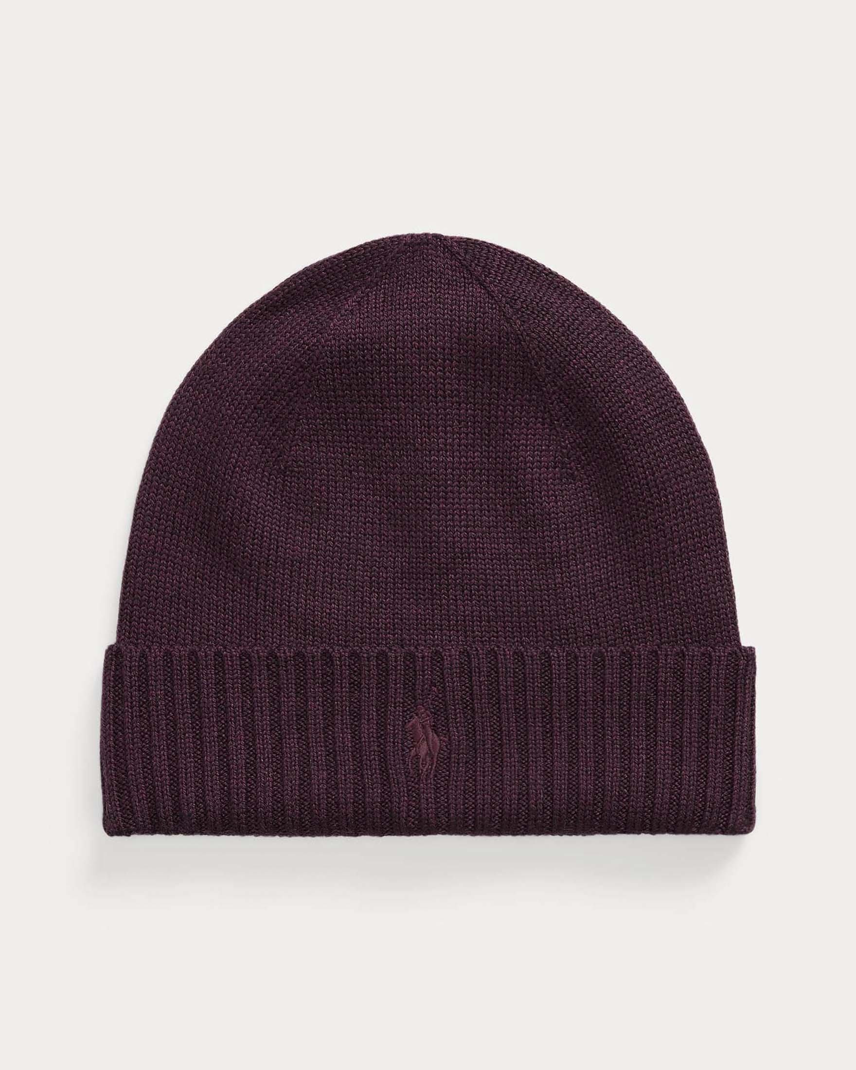 Berretto Polo Ralph Lauren bordeaux in pura lana merino con risvolto e logo pony