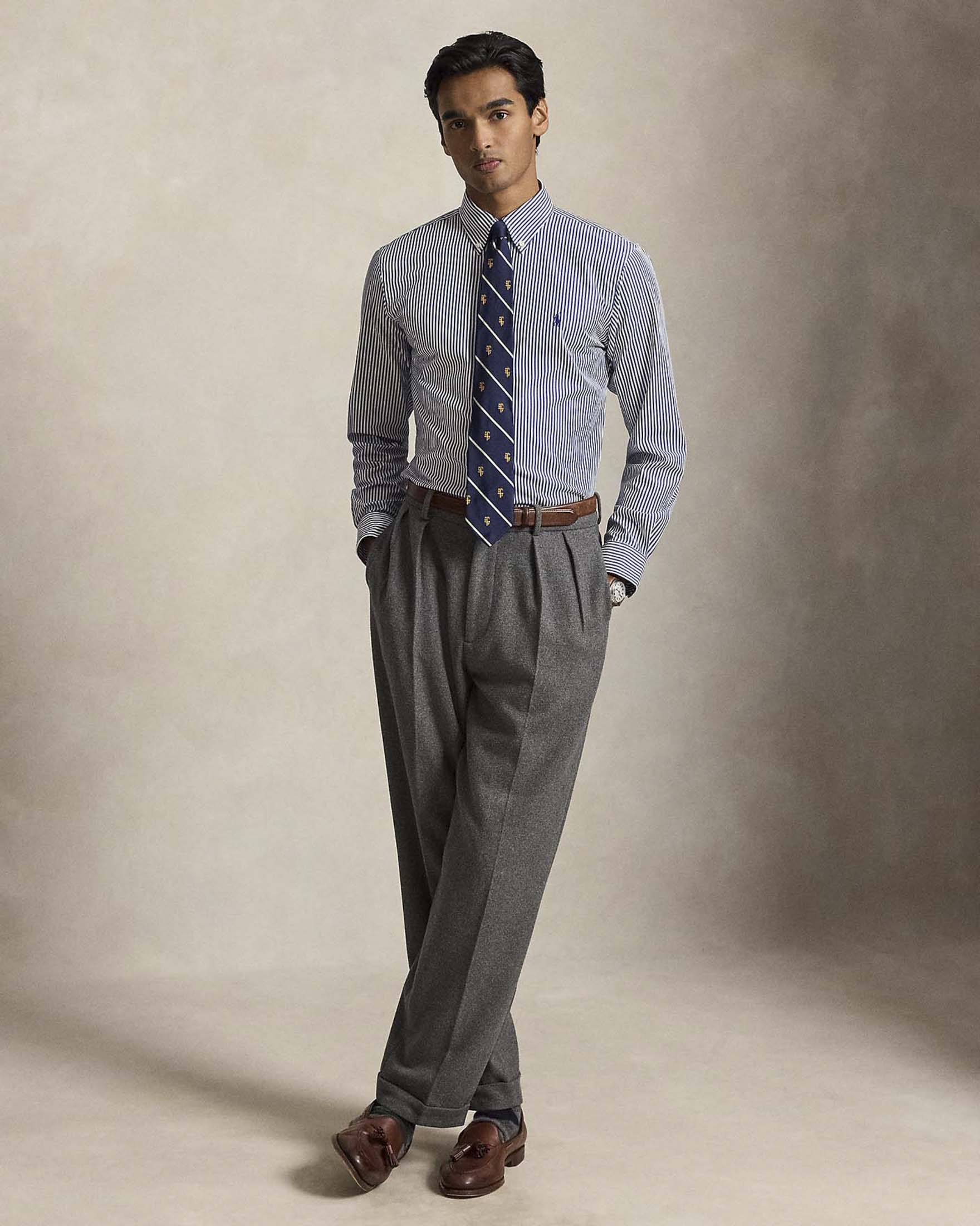 Camicia Custom Fit Polo Ralph Lauren blu e bianca a righe in popeline di cotone stretch
