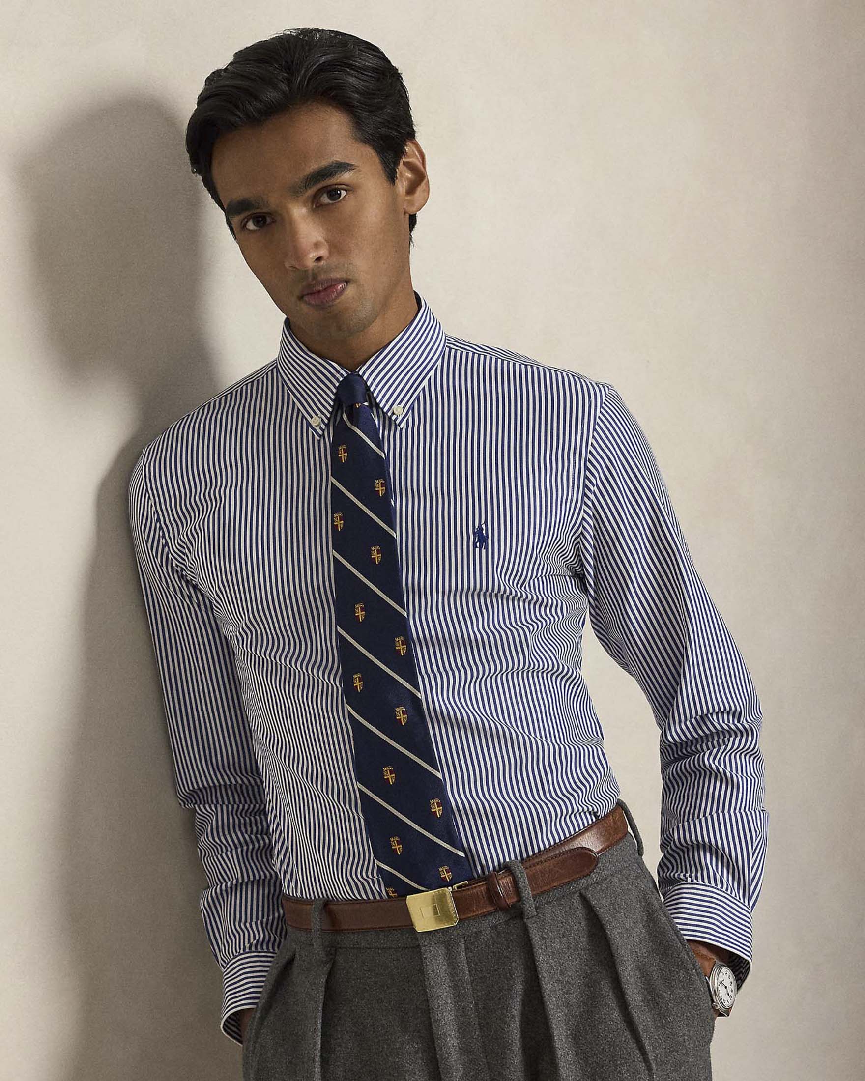 Camicia Custom Fit Polo Ralph Lauren blu e bianca a righe in popeline di cotone stretch image