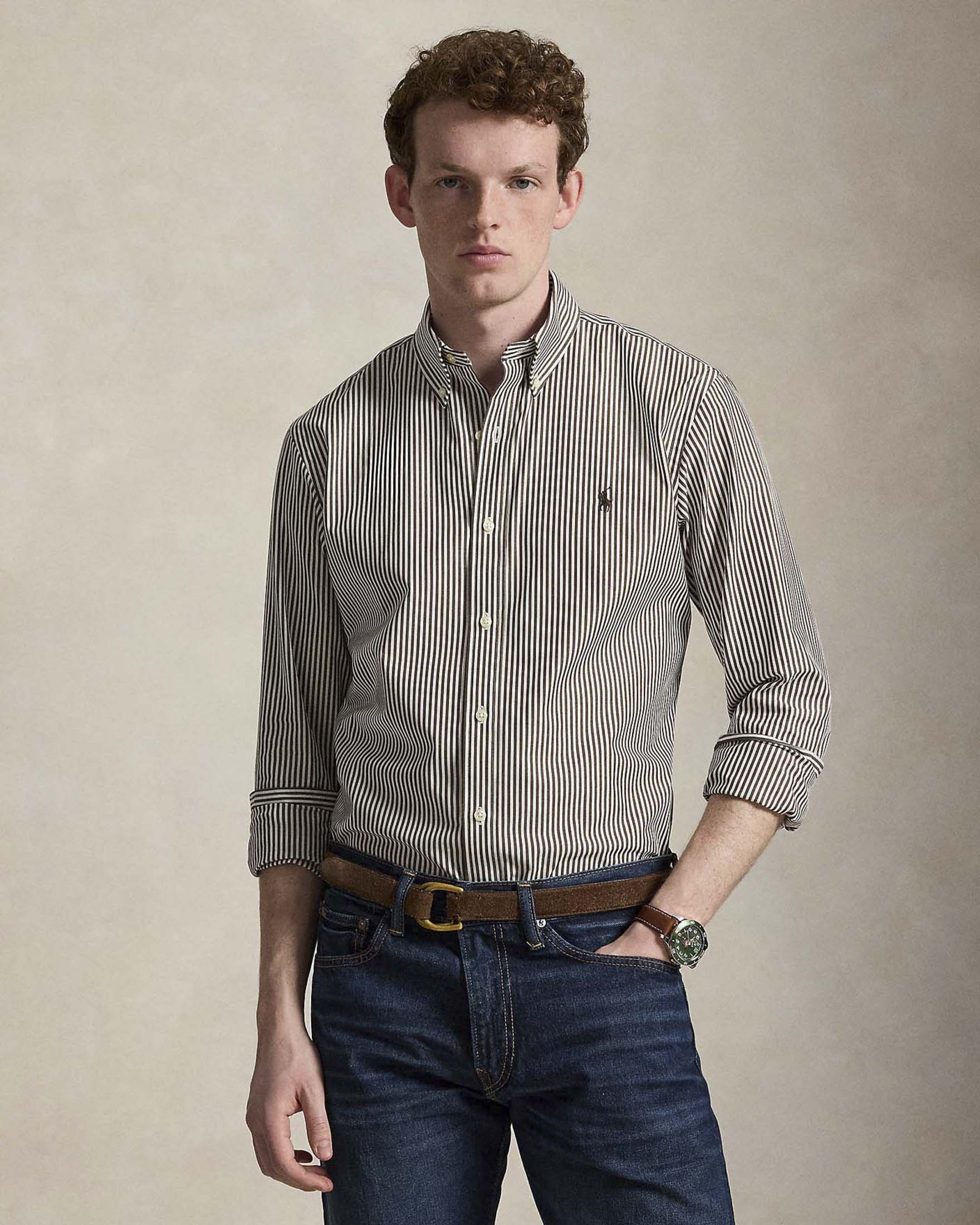 Camicia Custom Fit Polo Ralph Lauren marrone e bianca a righe in popeline di cotone stretch