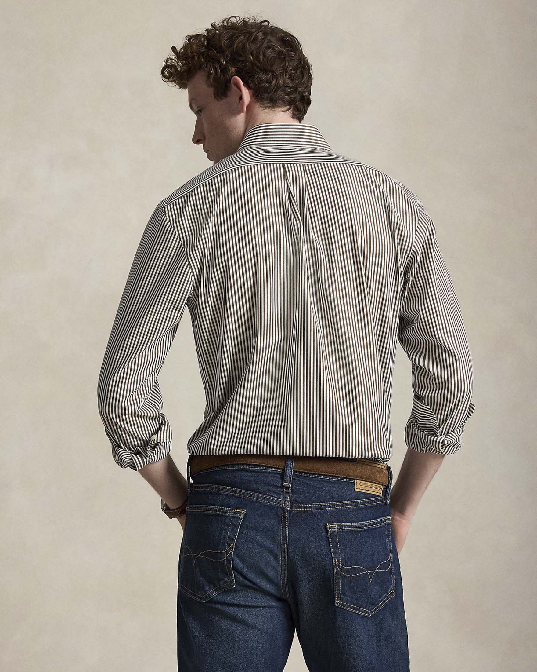 Camicia Custom Fit Polo Ralph Lauren marrone e bianca a righe in popeline di cotone stretch image