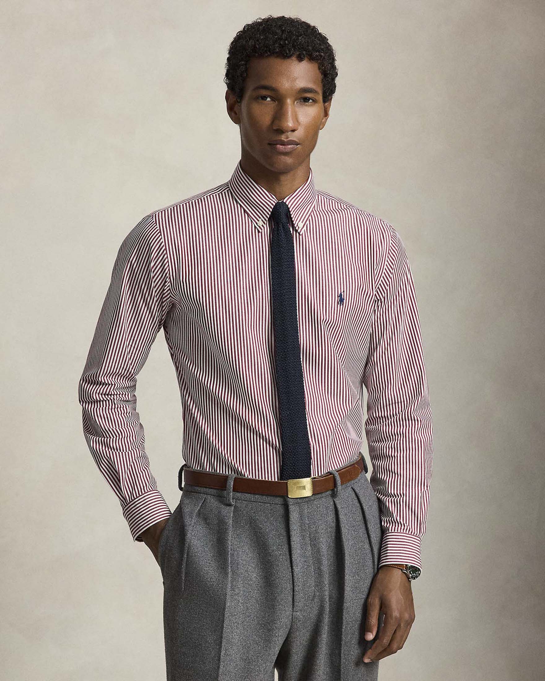 Camicia Custom Fit Polo Ralph Lauren bordeaux e bianca a righe in popeline di cotone stretch