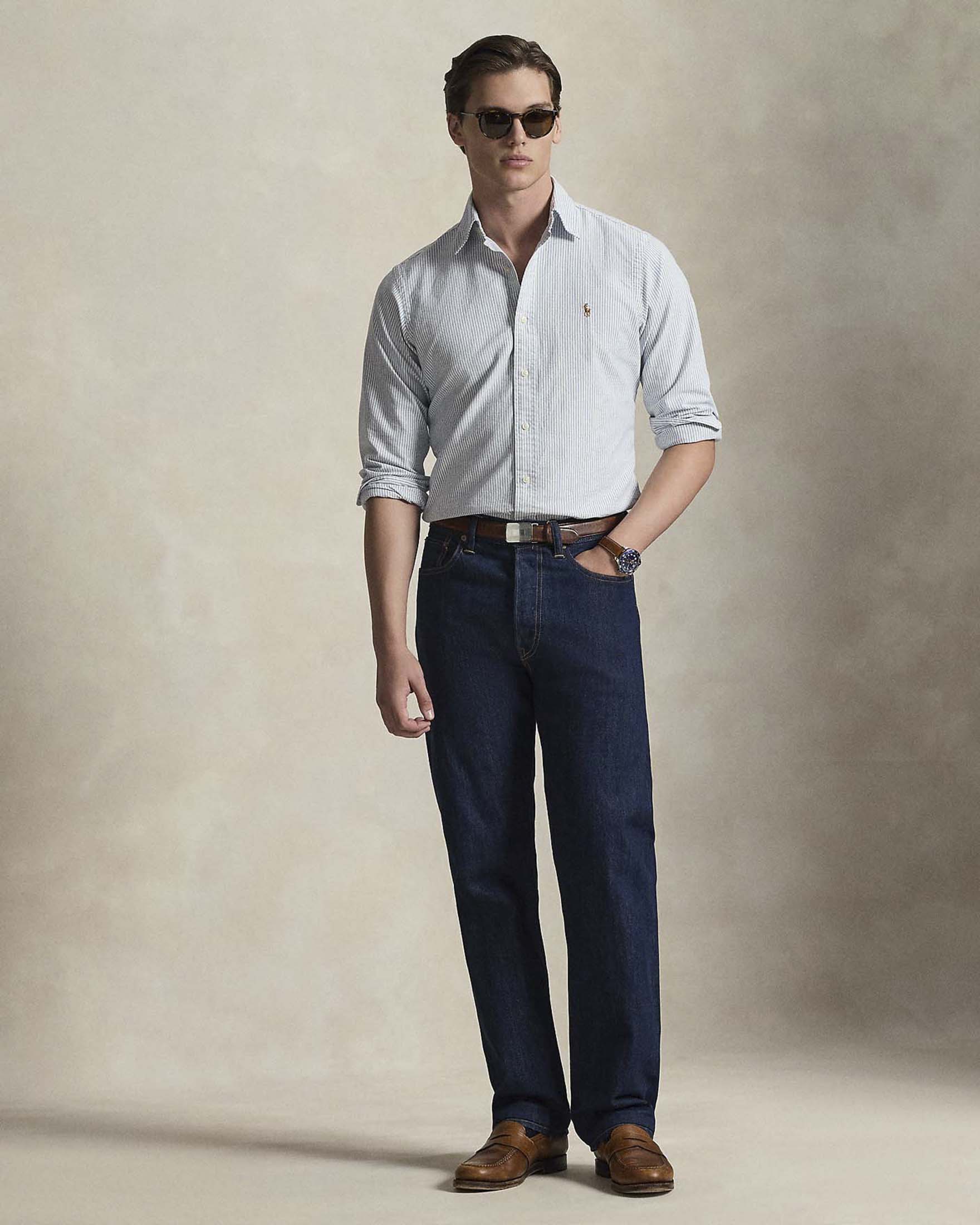Camicia Custom Fit Polo Ralph Lauren blu e bianca a righe in Oxford di cotone