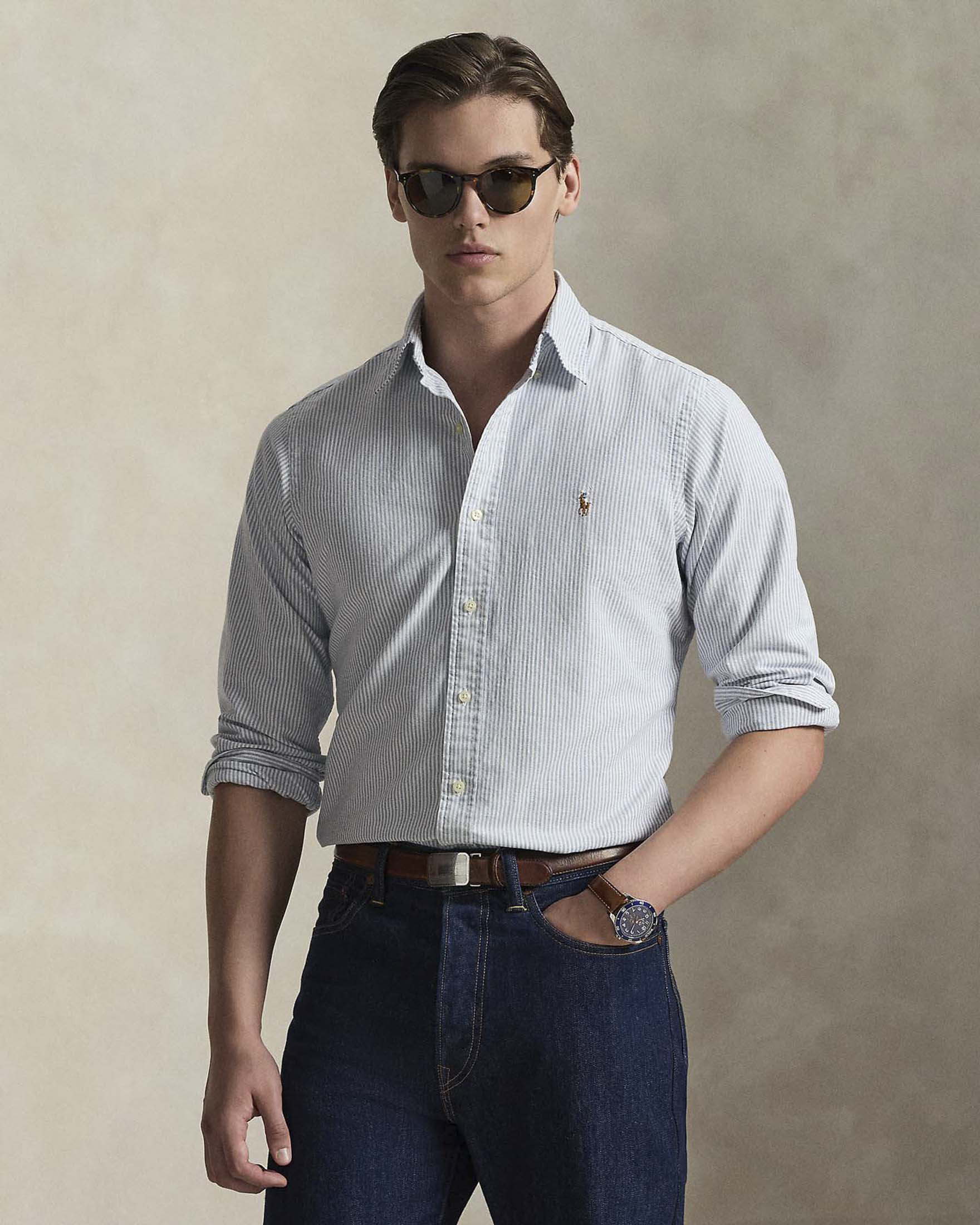 Camicia Custom Fit Polo Ralph Lauren blu e bianca a righe in Oxford di cotone image