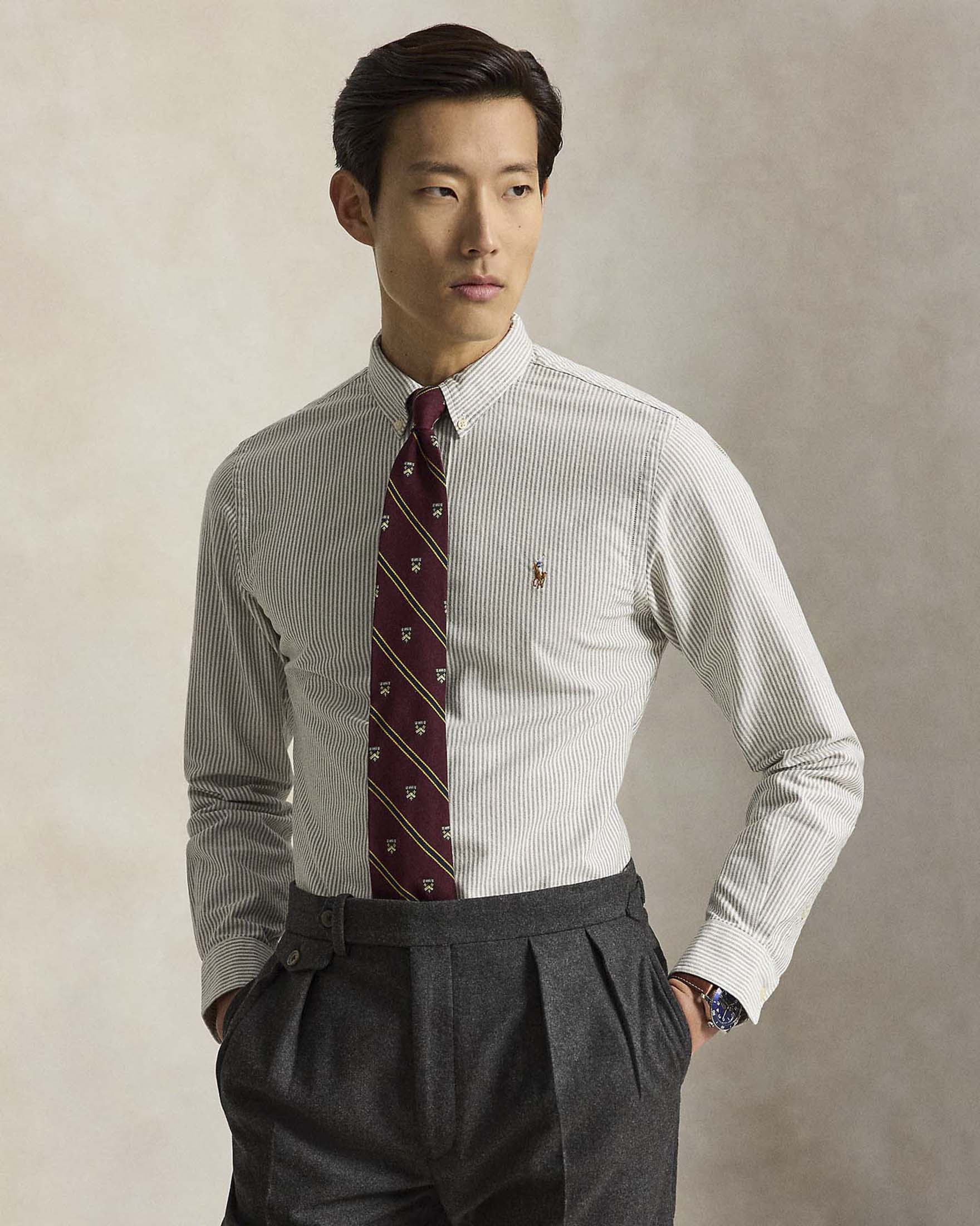 Camicia Custom Fit Polo Ralph Lauren noce e bianca a righe in Oxford di cotone