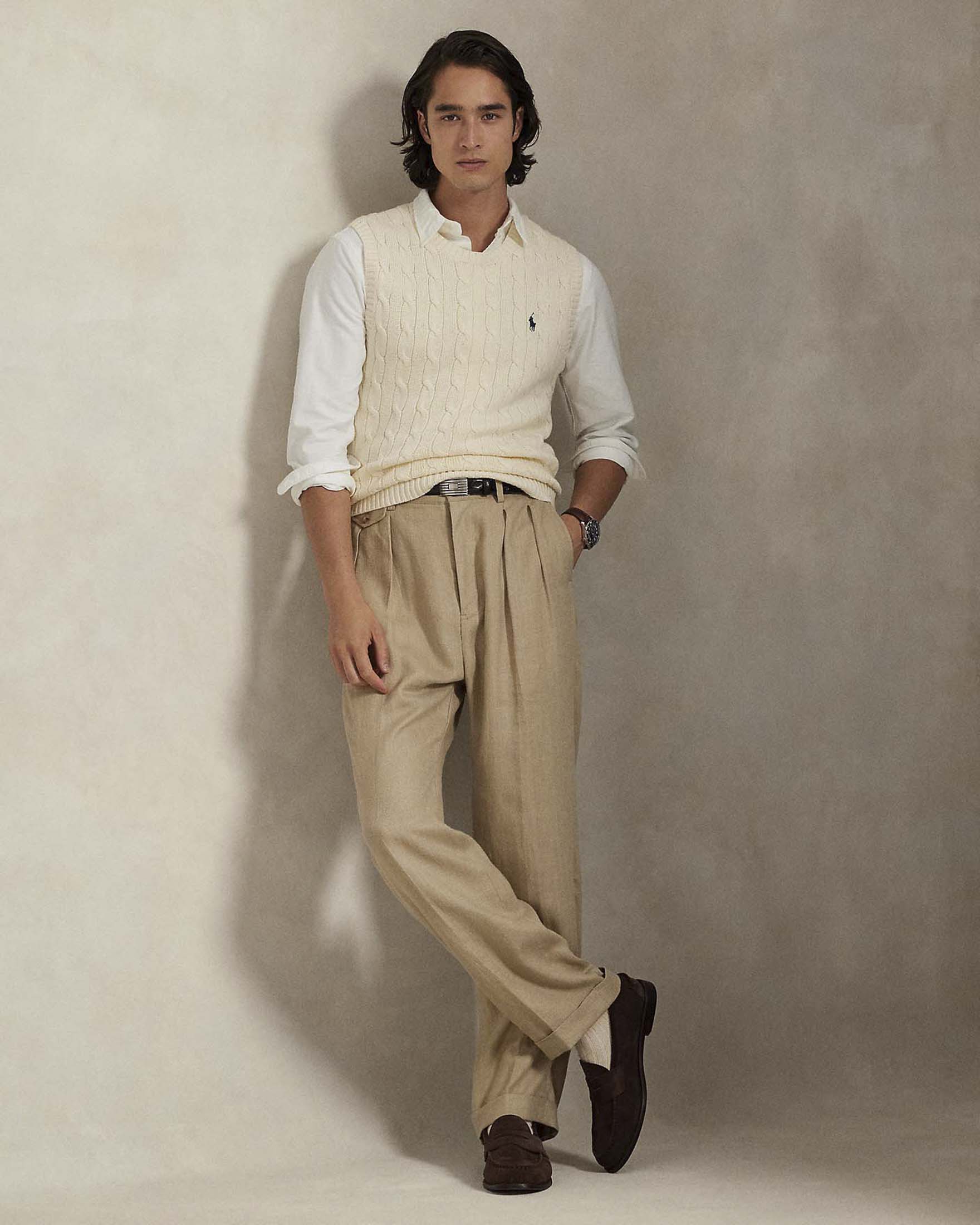 Gilet Polo Ralph Lauren panna in maglia di cotone a trecce con logo pony ricamato sul petto