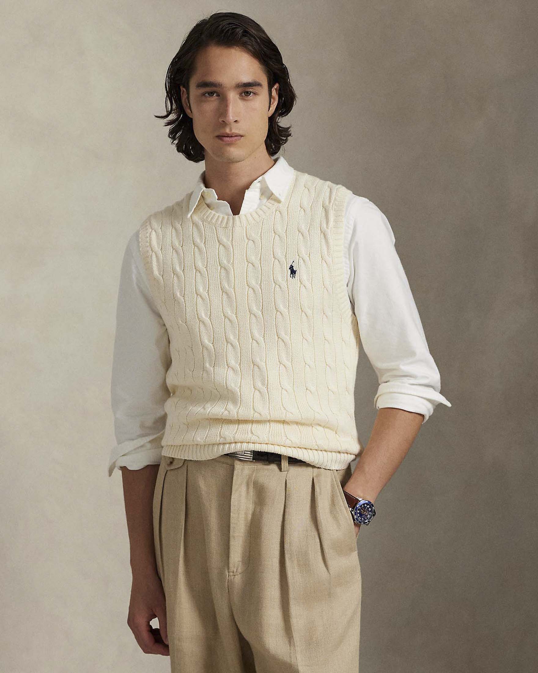 Gilet Polo Ralph Lauren panna in maglia di cotone a trecce con logo pony ricamato sul petto image