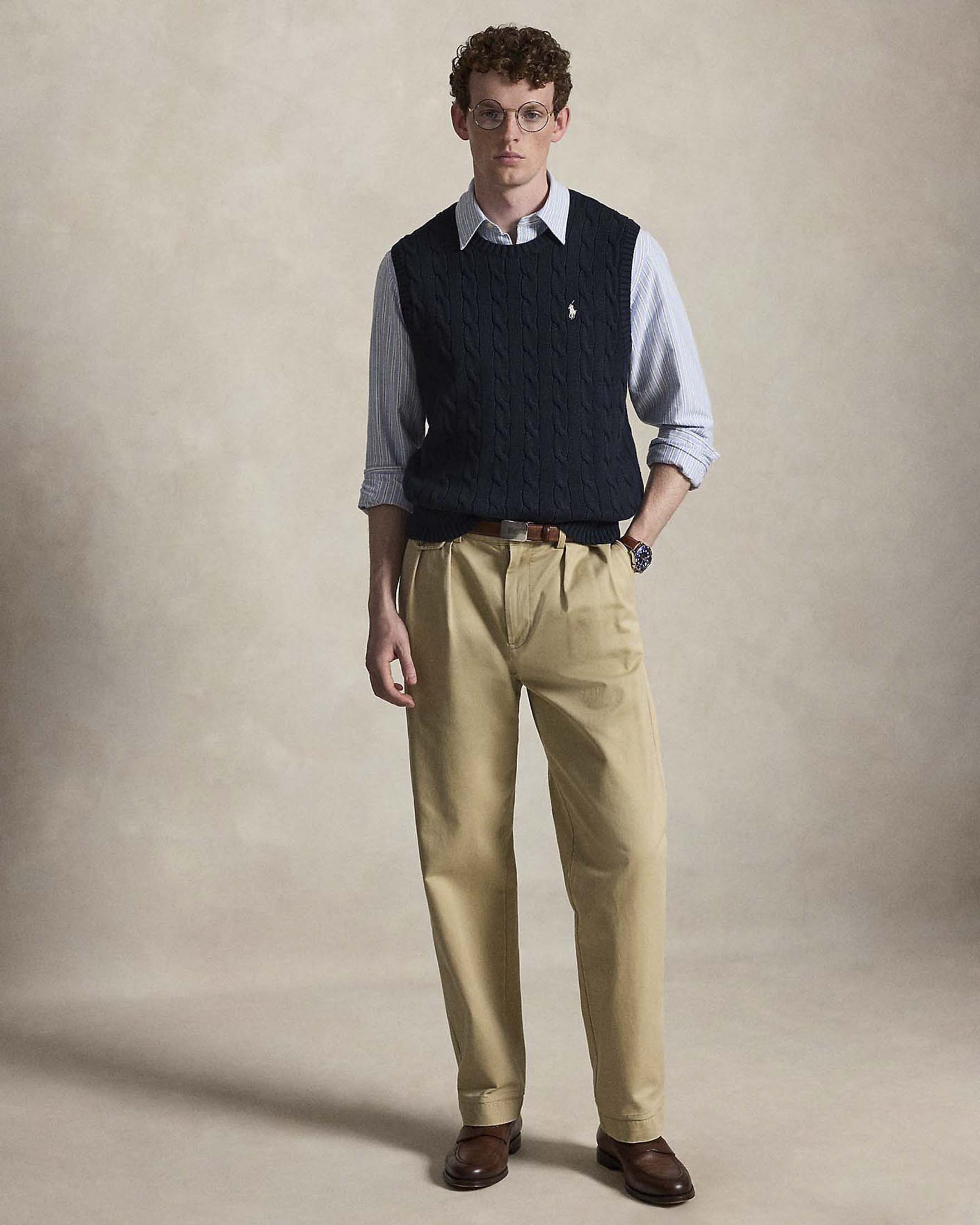 Gilet Polo Ralph Lauren blu in maglia di cotone a trecce con logo pony ricamato sul petto