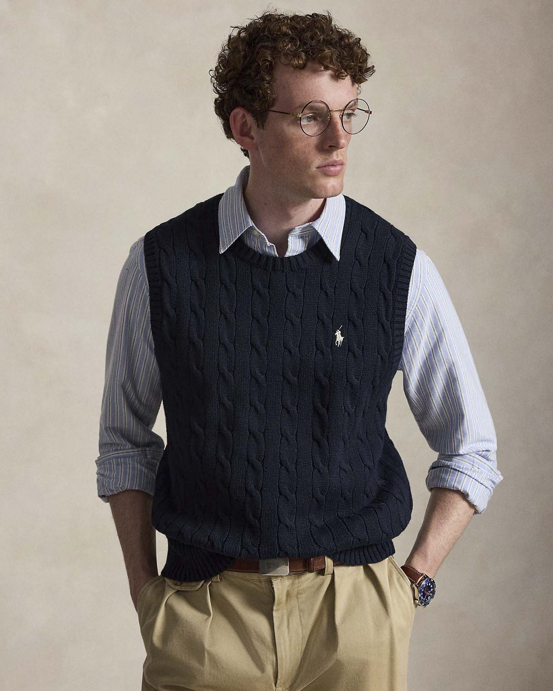 Gilet Polo Ralph Lauren blu in maglia di cotone a trecce con logo pony ricamato sul petto image