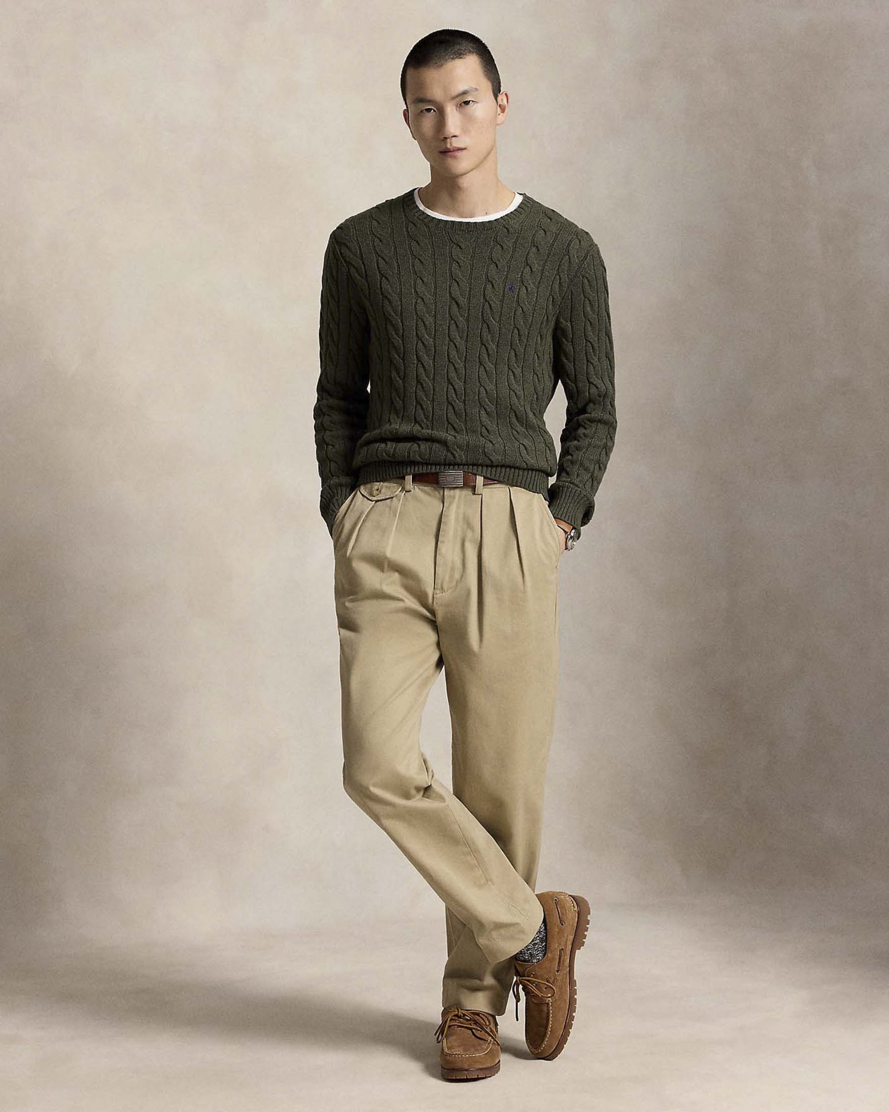 Maglia girocollo Polo Ralph Lauren verde militare a trecce in cotone con logo pony ricamato sul petto