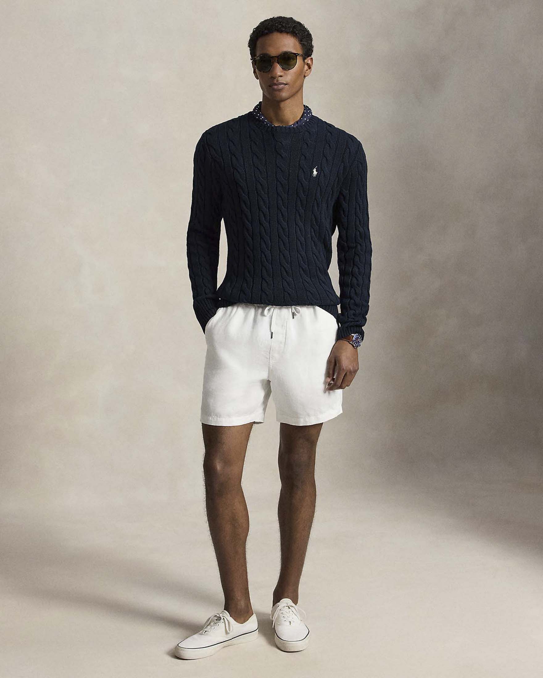 Maglia girocollo Polo Ralph Lauren blu a trecce in cotone con logo pony ricamato sul petto