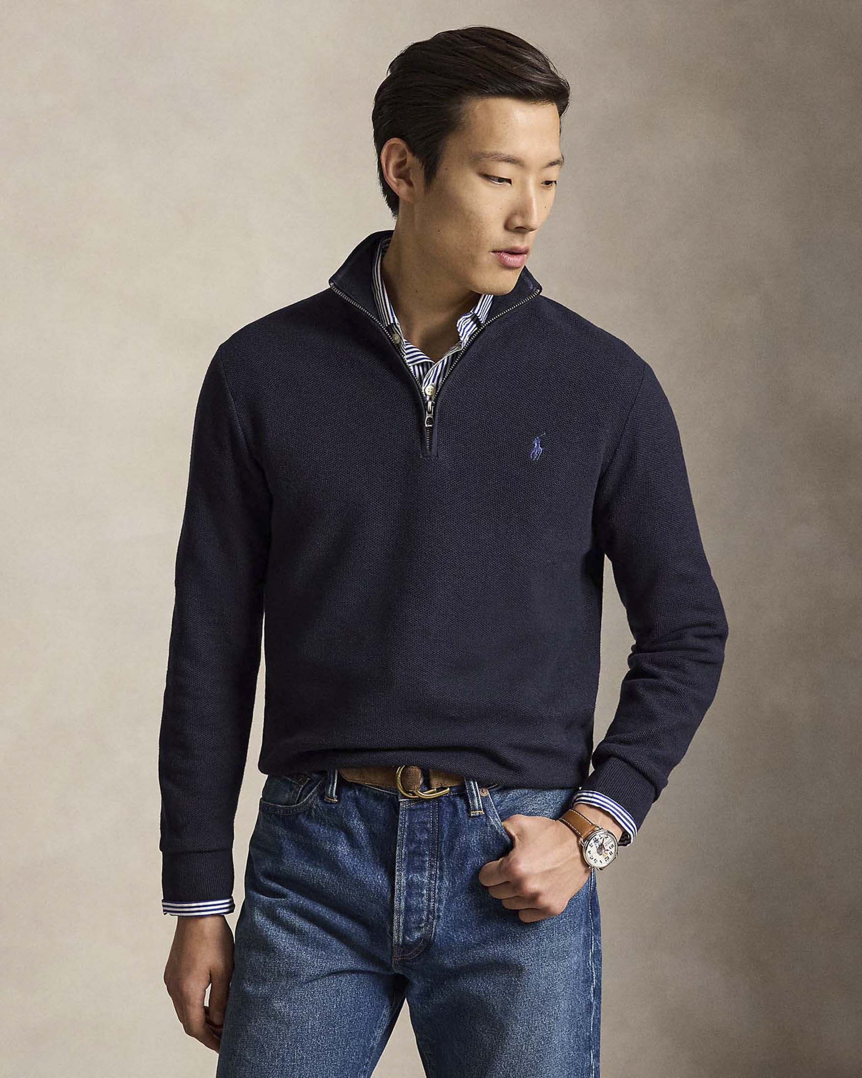 Maglione con mezza zip Polo Ralph Lauren blu navy in cotone punto pepe