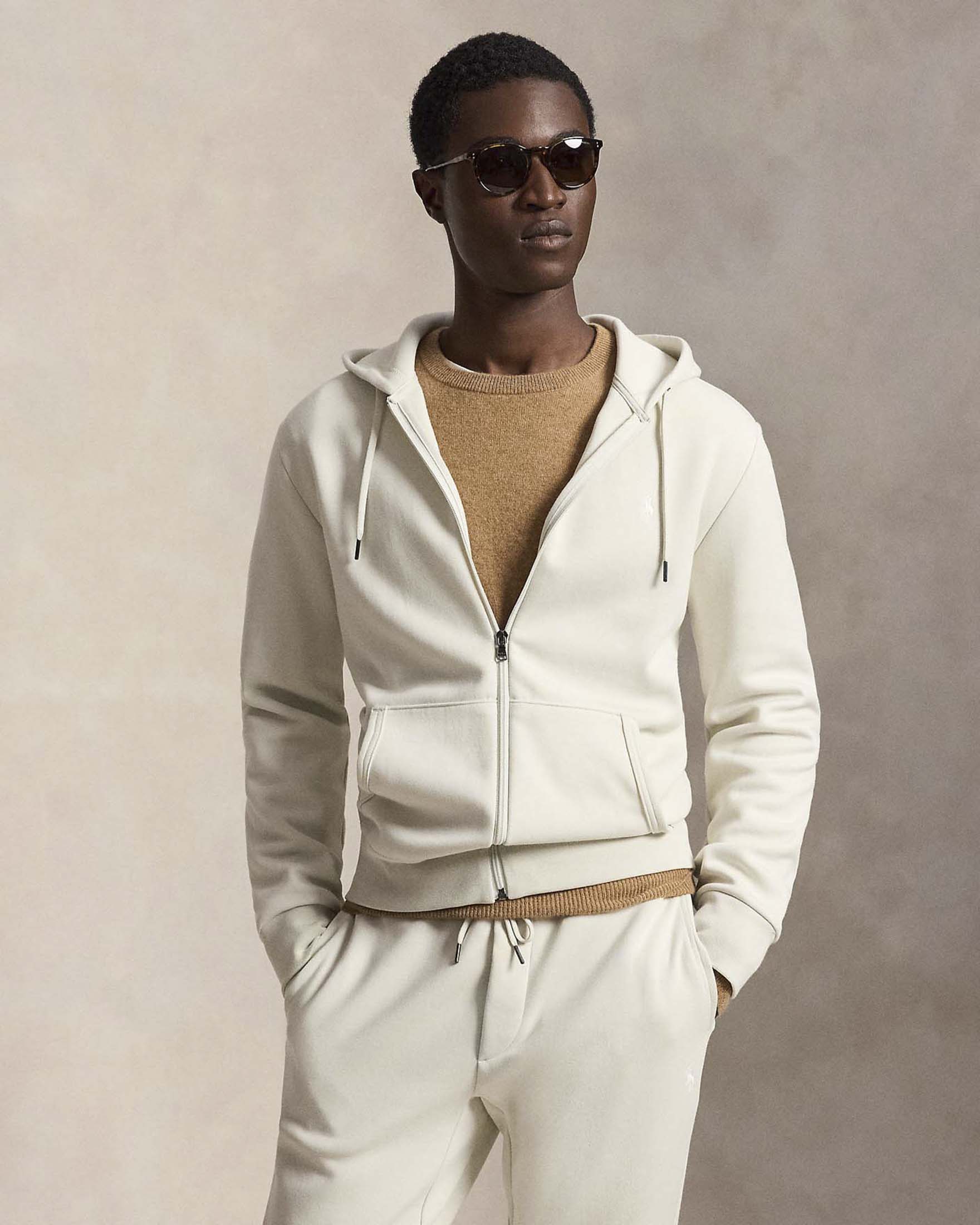 Felpa Polo Ralph Lauren panna in interlock di cotone con cappuccio e chiusura zip