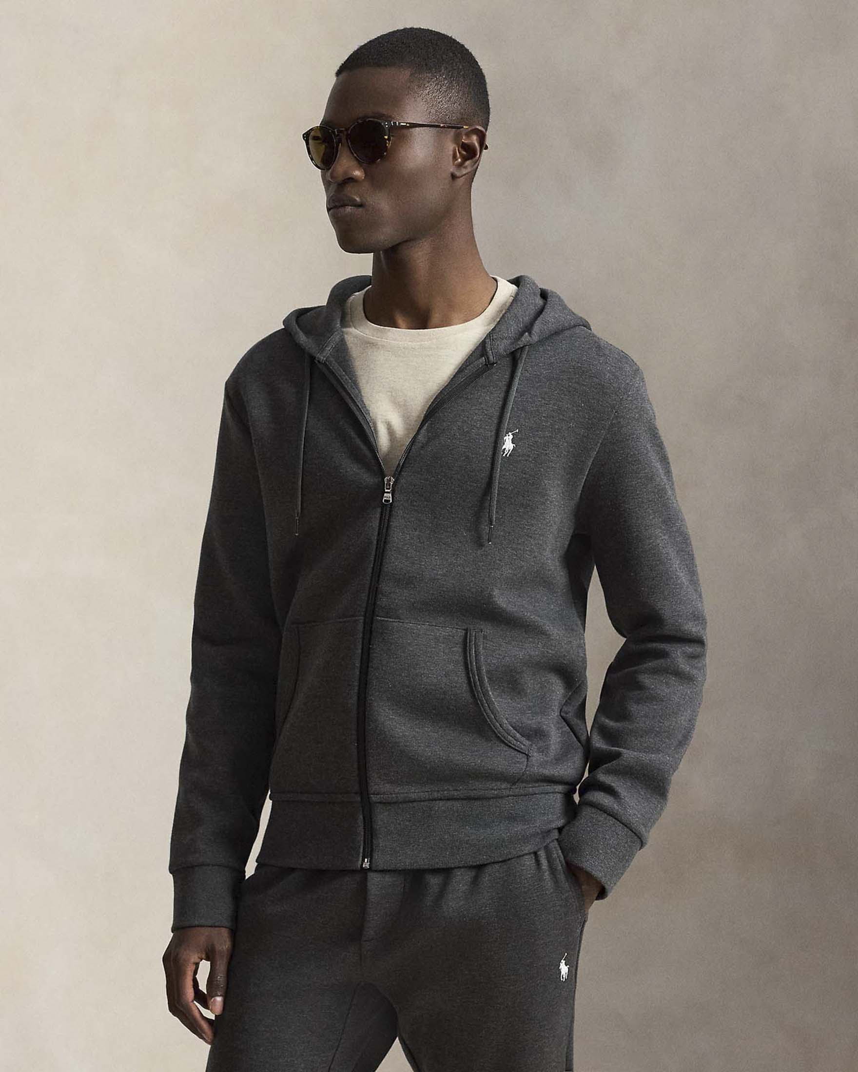 Felpa Polo Ralph Lauren antracite in interlock di cotone con cappuccio e chiusura zip image