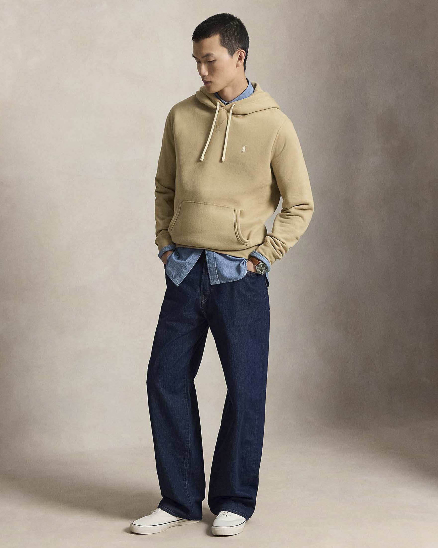 Felpa Polo Ralph Lauren cammello in cotone con cappuccio e logo pony ricamato sul petto